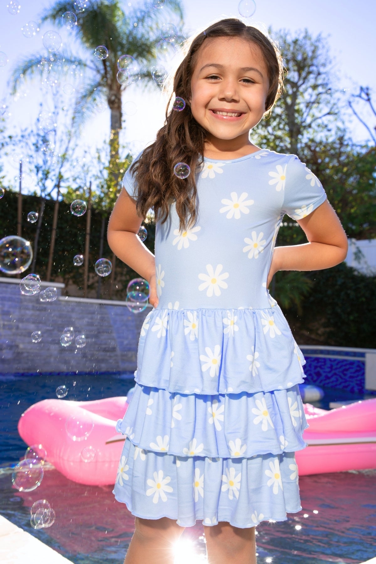 Simply Soft Short Sleeve Triple Ruffle Dress - Lt Blue Neon Pink