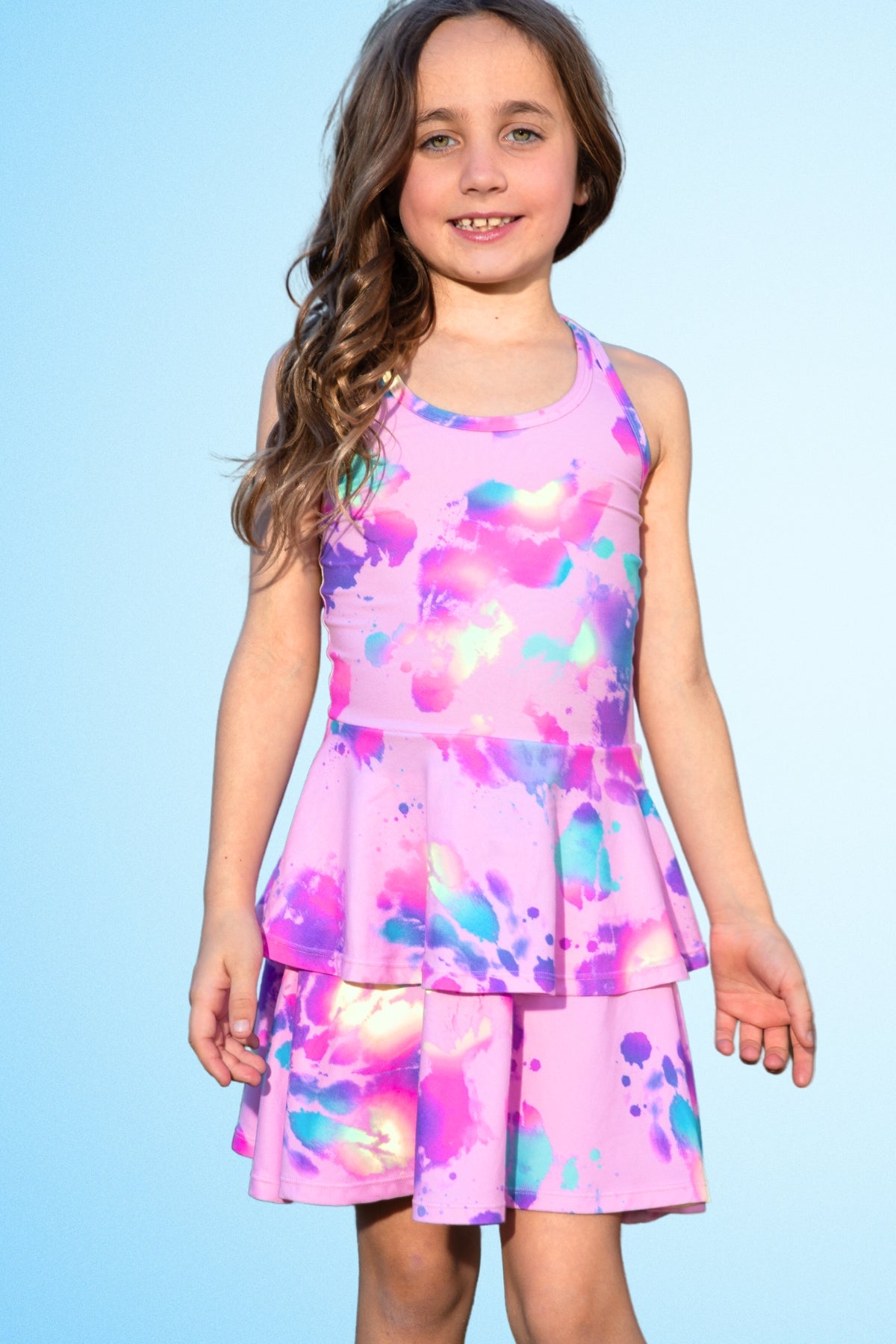 Simply Soft Racerback Ruffle Skirt Dress - Pink Bleach Tie Dye - NEW!