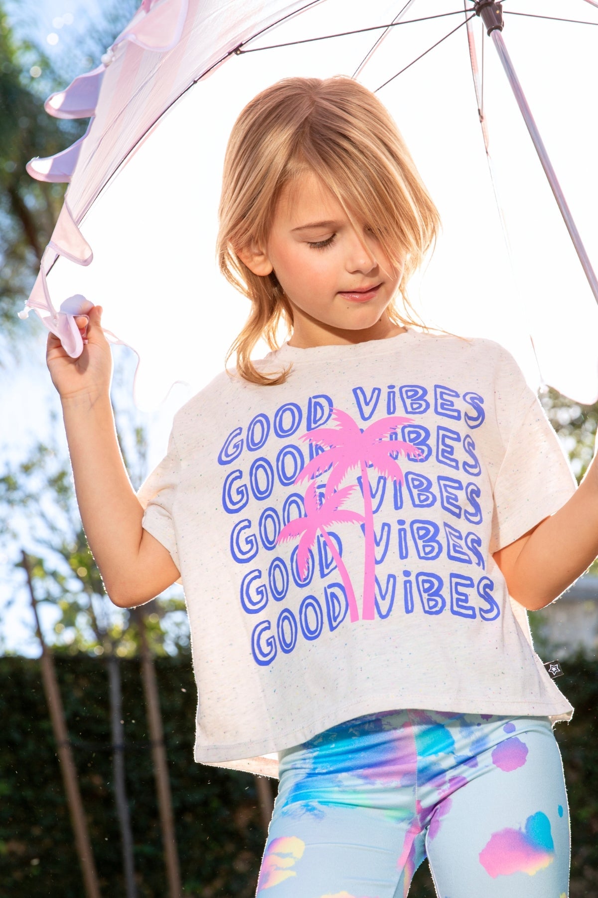 4-Pack Washed Cotton Drop Shoulder Tee - Lilac Denim Palm | Ivory Funfetti Palm | Pink Good Vibes Splatter Smile | Pink Strawberry Vibes
