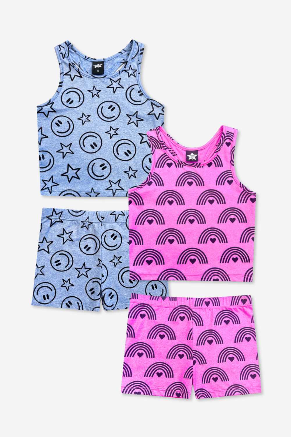 2-Pack Simply Soft Luxe Cropped Racerback Tank & Tumble Short - Steel Black Peace Heart | Neon Pink Rainbow Heart
