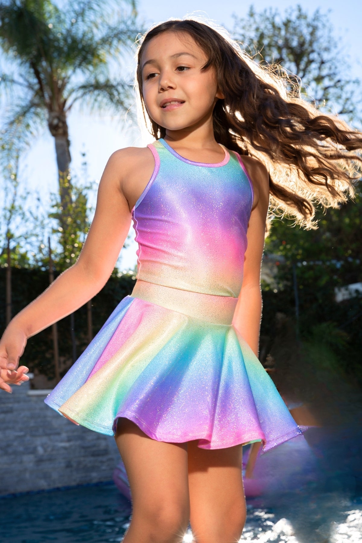 High Shine Cropped Racerback Tank & Skort - Rainbow Glitter