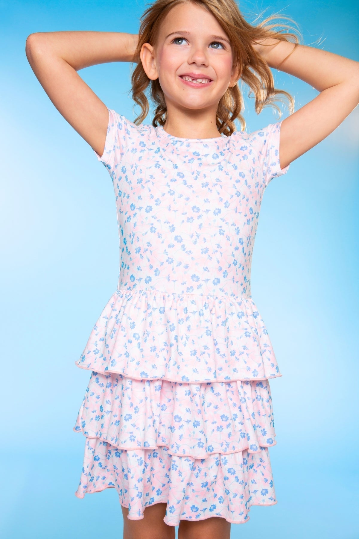 Simply Soft Short Sleeve Triple Ruffle Dress - Lt Blue Neon Pink