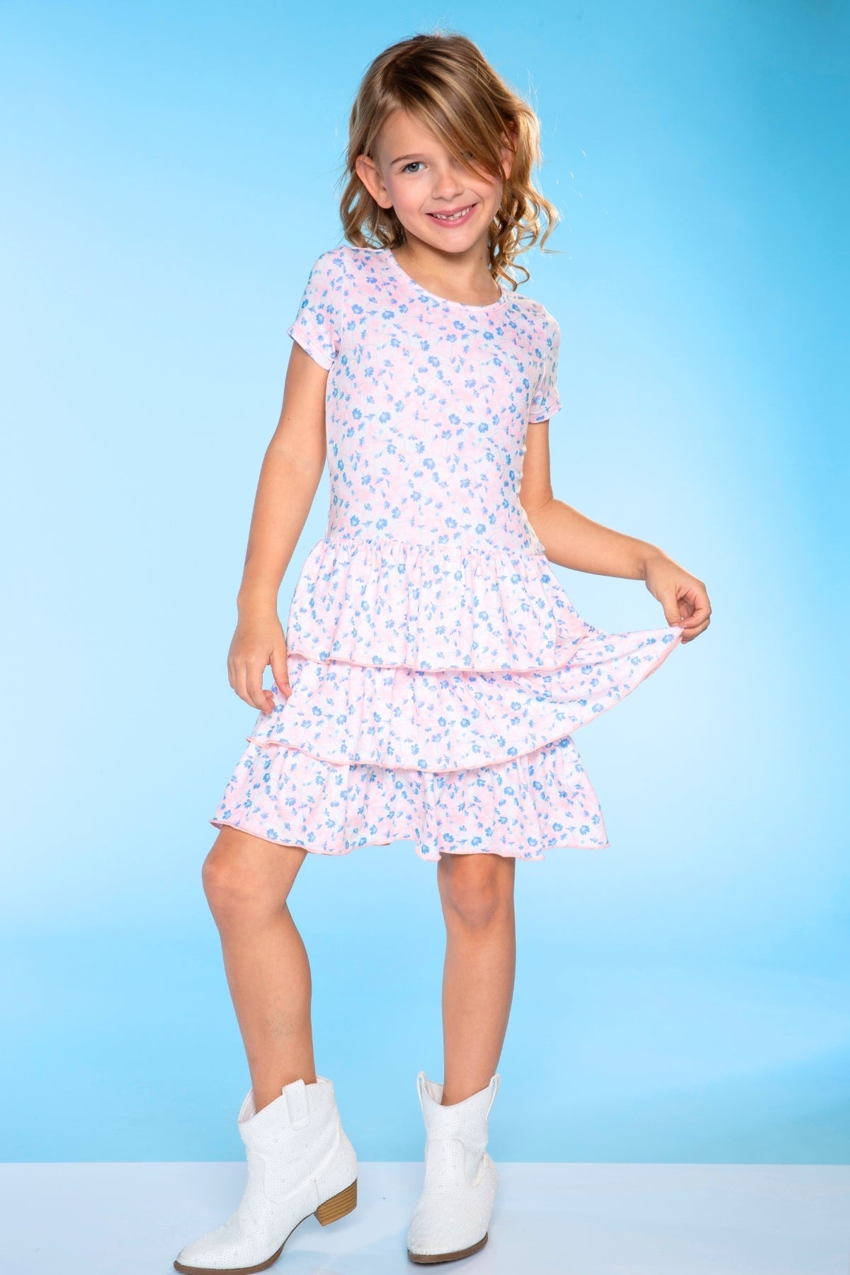 Simply Soft Short Sleeve Triple Ruffle Dress - Lt Blue Neon Pink