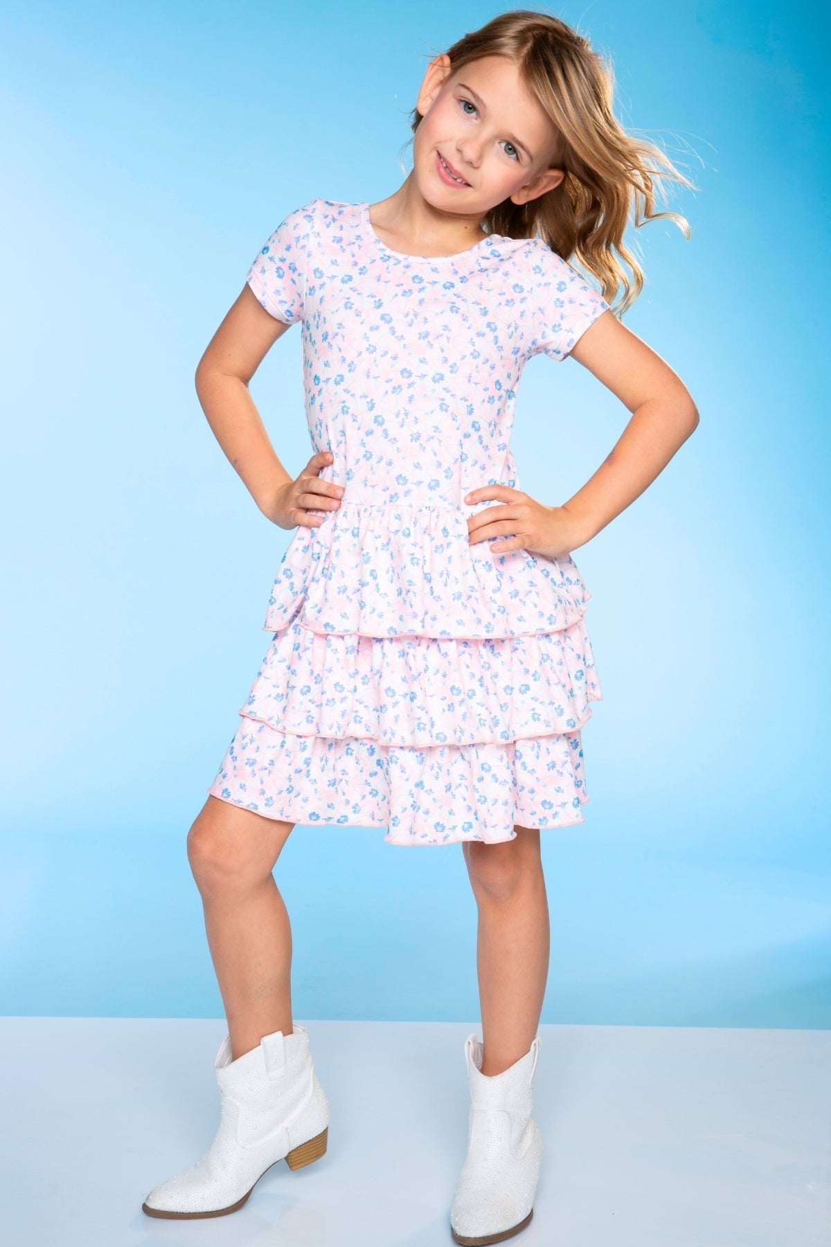 Simply Soft Short Sleeve Triple Ruffle Dress - Lt Blue Neon Pink
