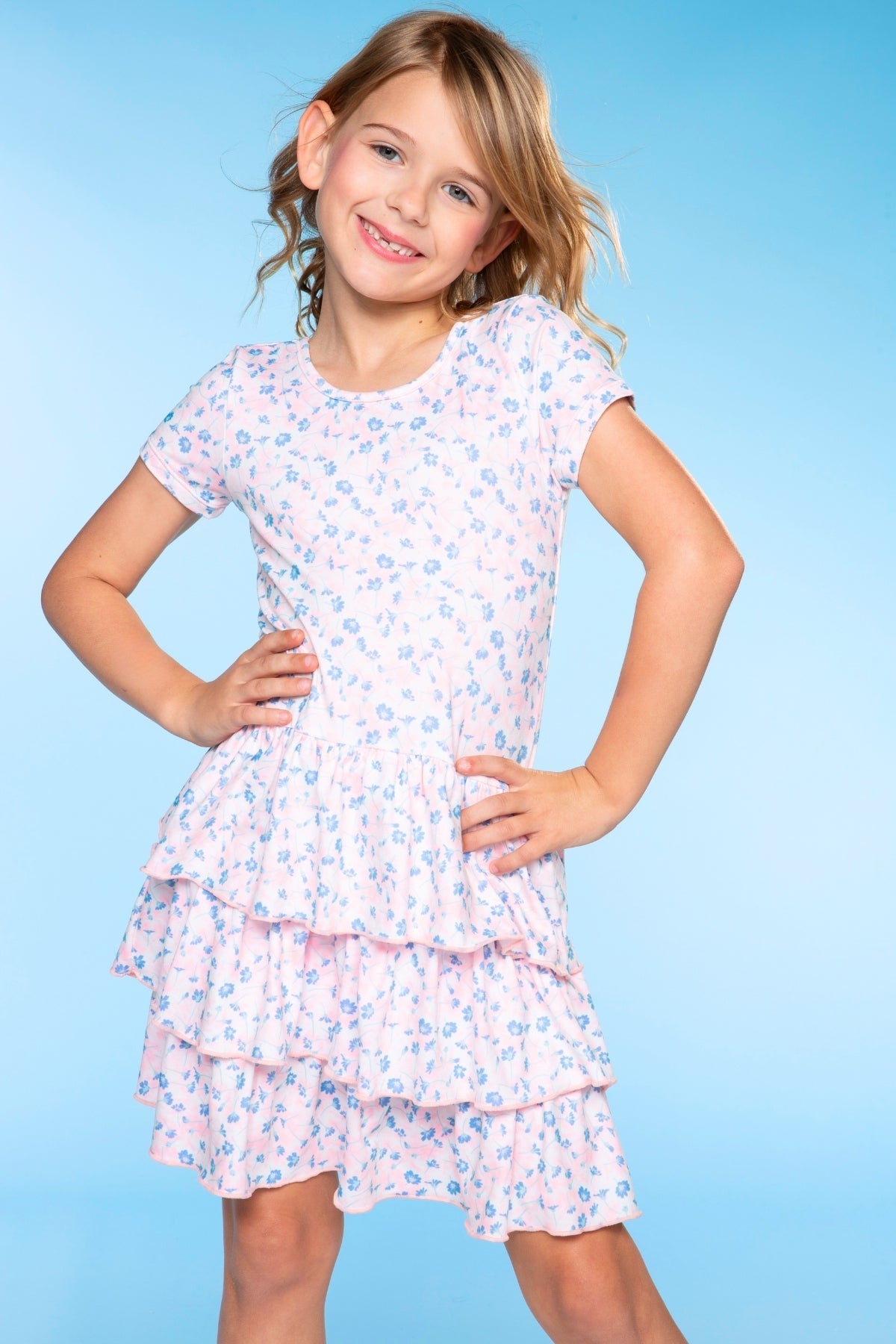 Simply Soft Short Sleeve Triple Ruffle Dress - Lt Blue Neon Pink