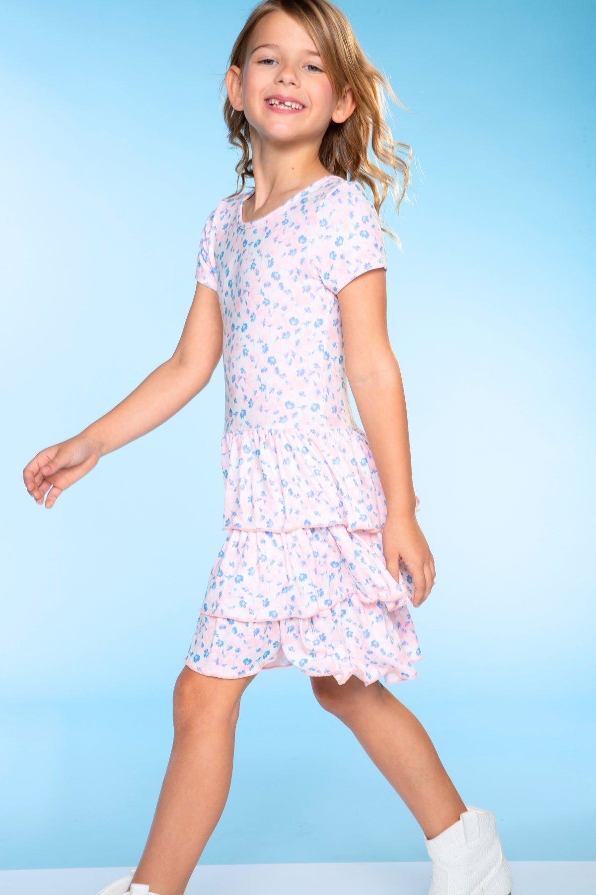 Simply Soft Short Sleeve Triple Ruffle Dress - Lt Blue Neon Pink
