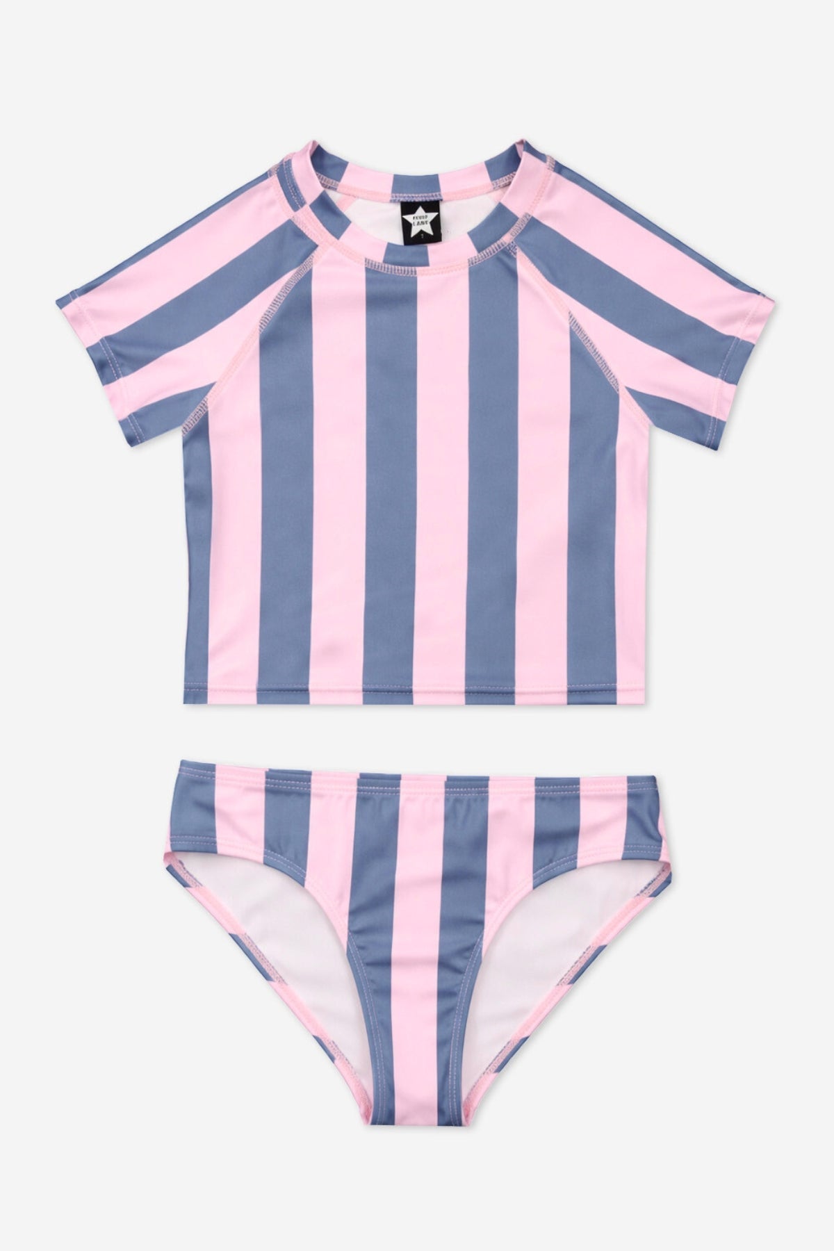 Short Sleeve Cropped Rashguard Swimsuit - Navy Pink Stripe
