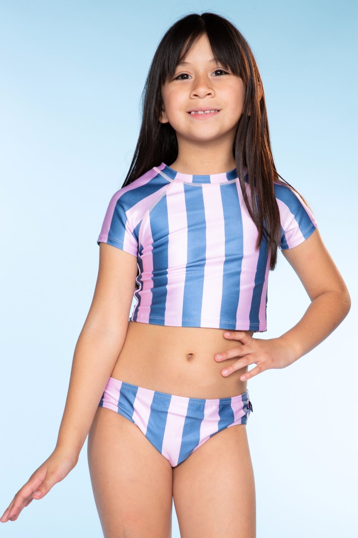 Short Sleeve Cropped Rashguard Swimsuit - Navy Pink Stripe