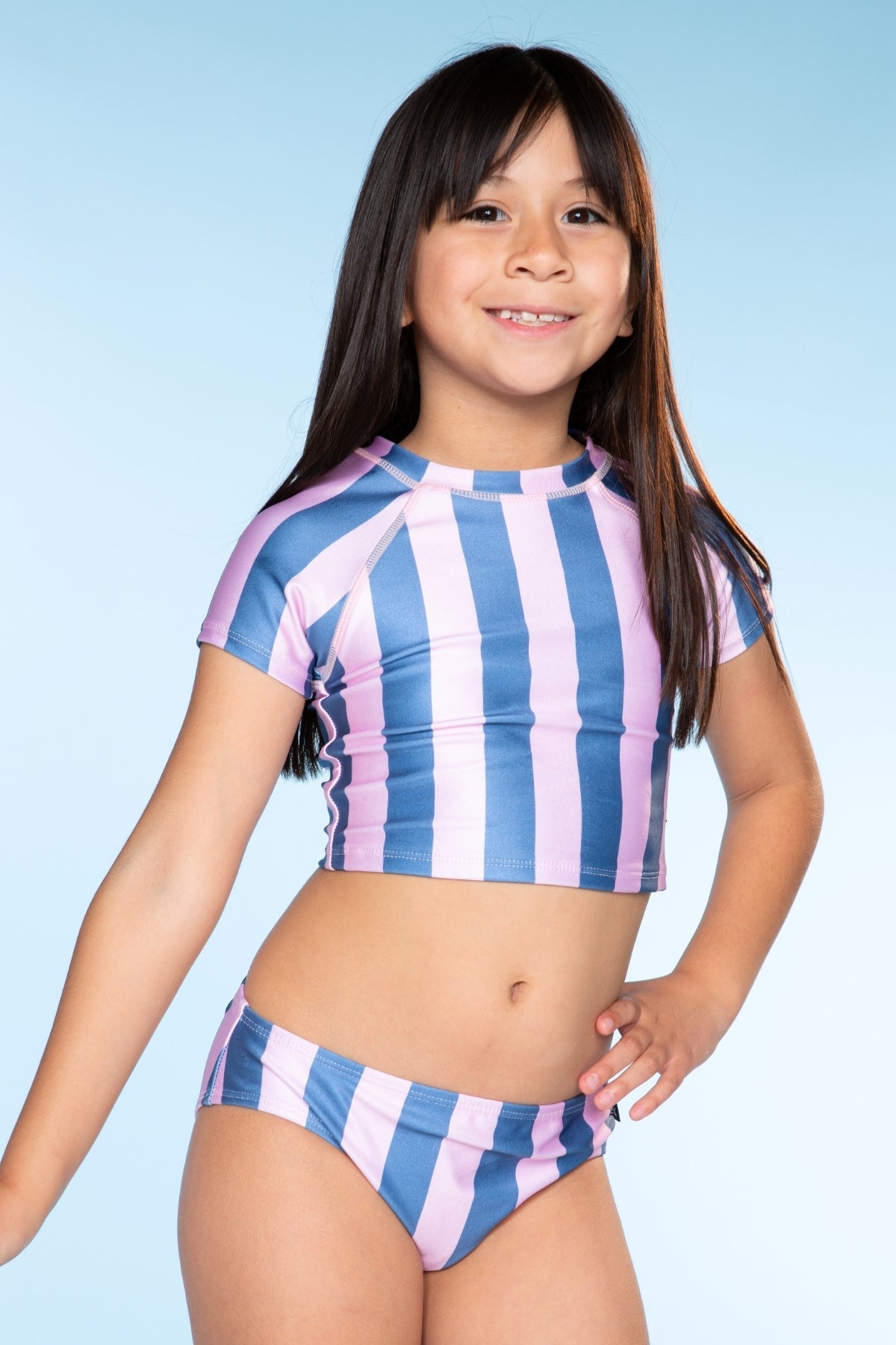 Short Sleeve Cropped Rashguard Swimsuit - Navy Pink Stripe