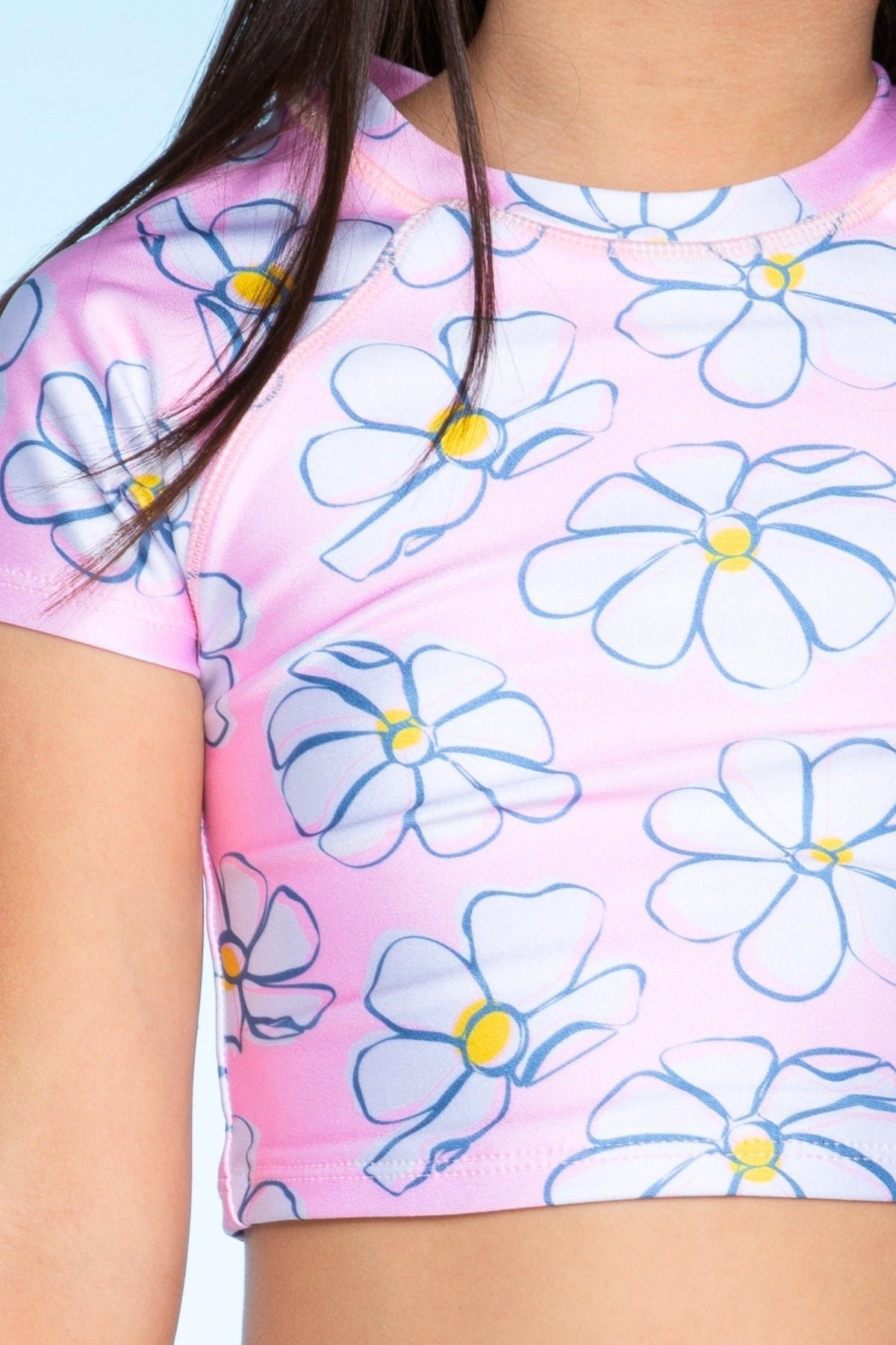 Short Sleeve Cropped Rashguard Swimsuit - Lt Blue Gingham - NEW!