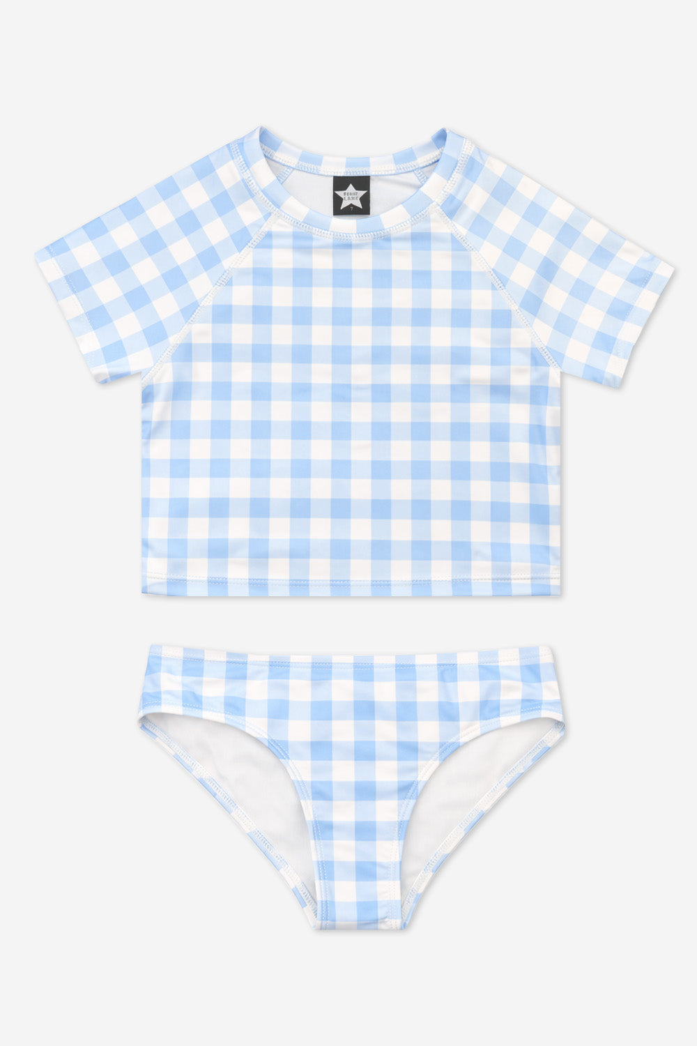 Short Sleeve Cropped Rashguard Swimsuit - Lt Blue Gingham - NEW!