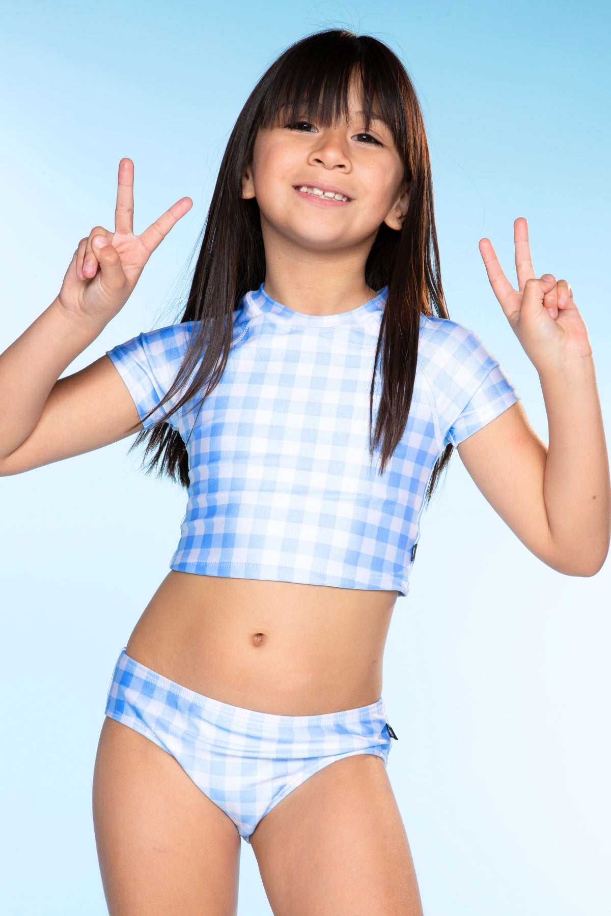 Short Sleeve Cropped Rashguard Swimsuit - Lt Blue Gingham - NEW!