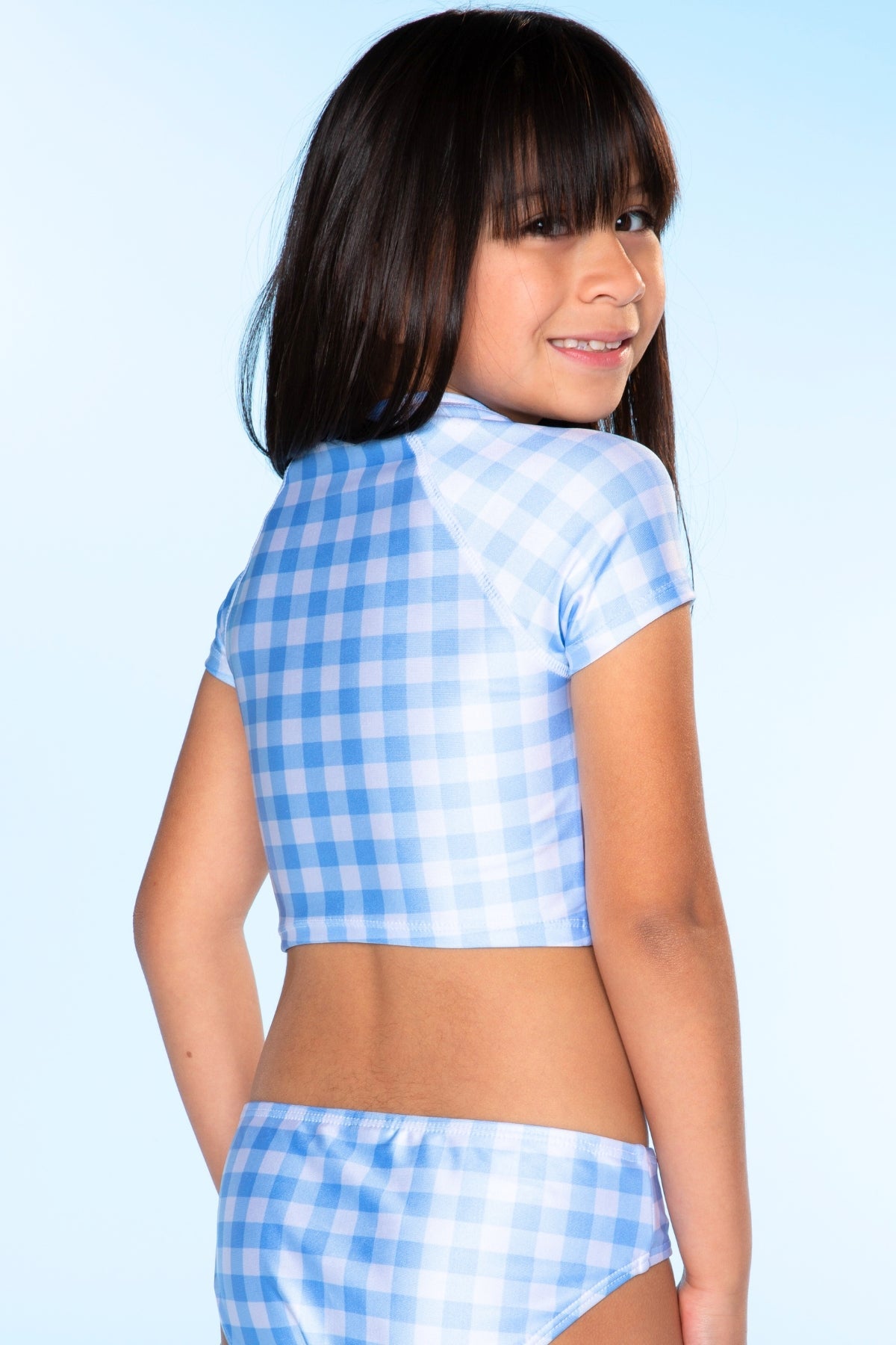 Short Sleeve Cropped Rashguard Swimsuit - Navy Pink Stripe