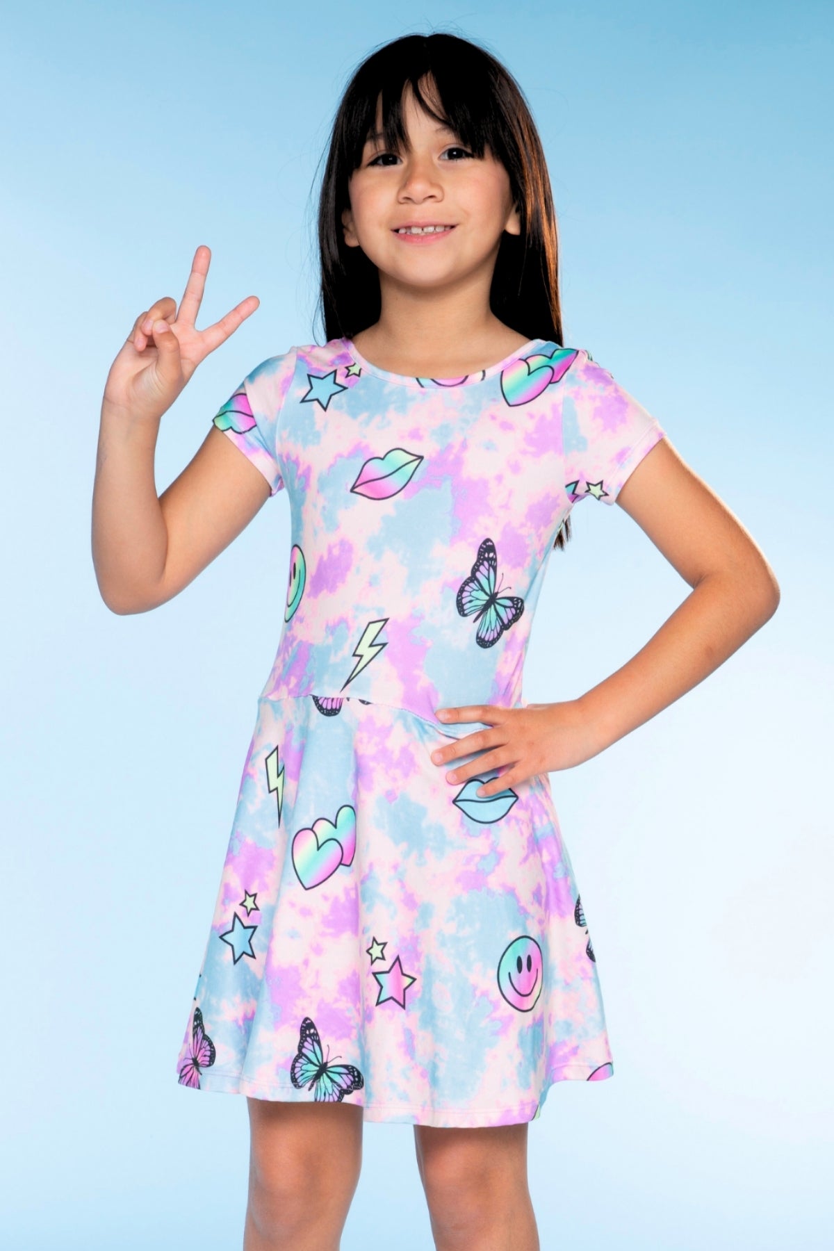 Simply Soft Short Sleeve Skater Dress - Denim Rainbow Graffiti - NEW!