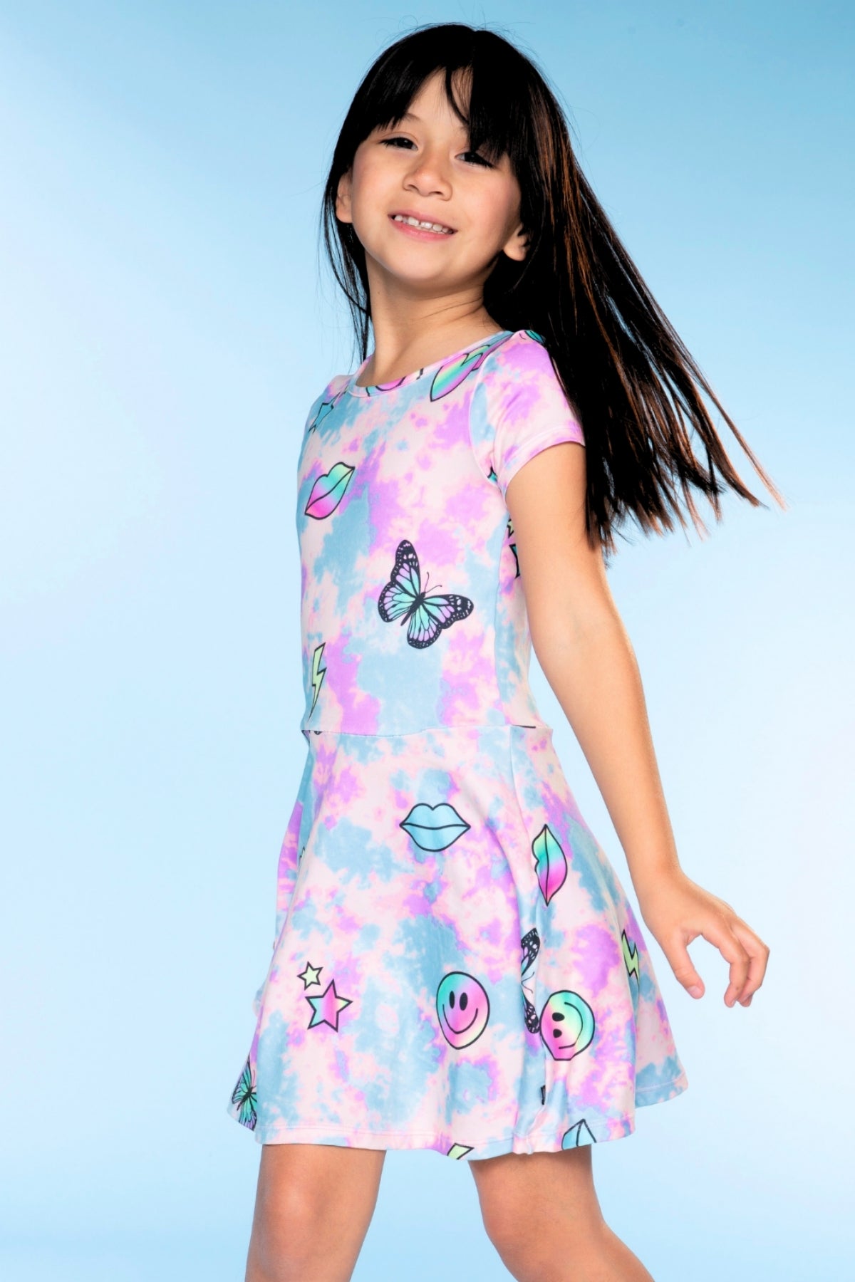 Simply Soft Short Sleeve Skater Dress - Denim Rainbow Graffiti - NEW!