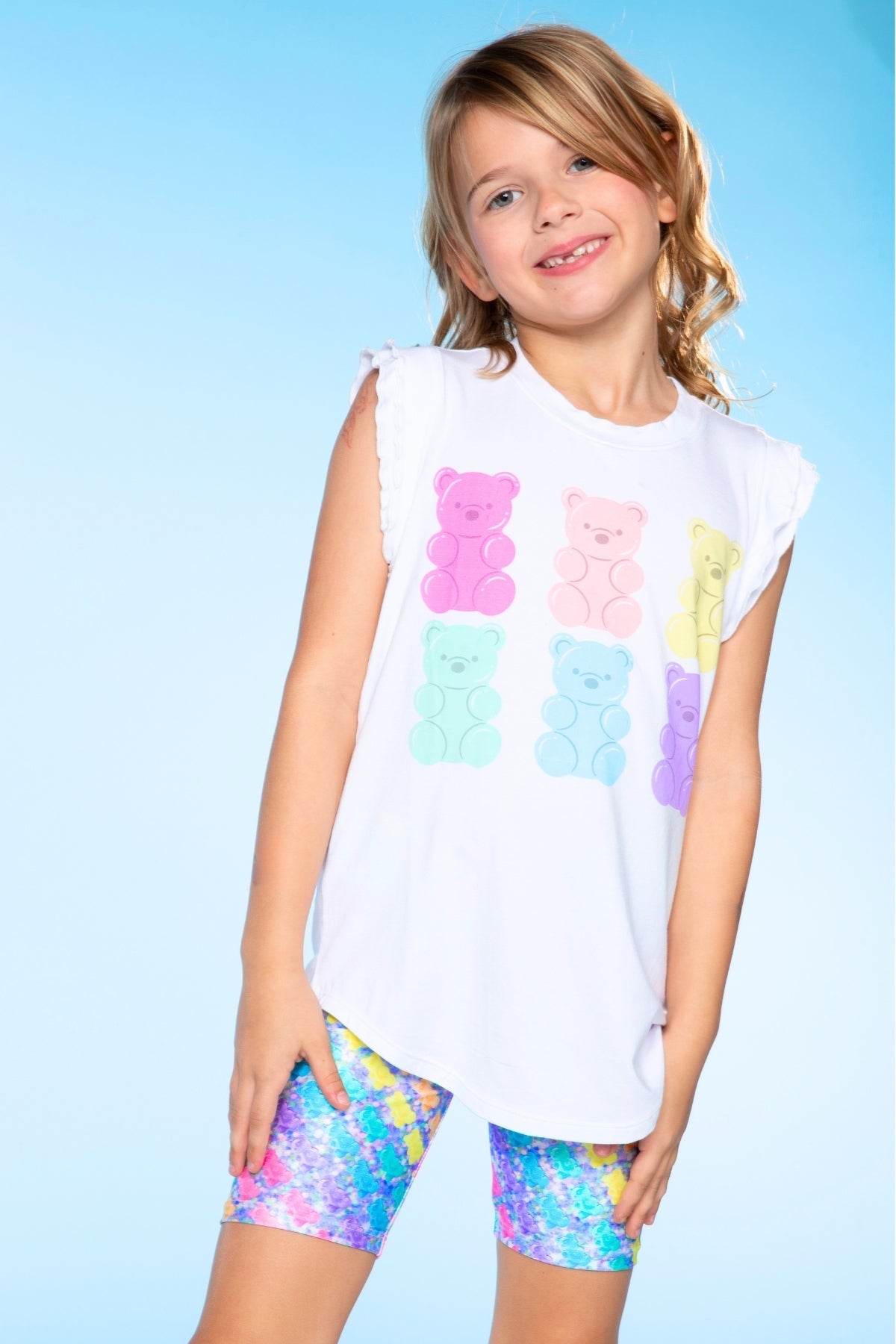 Modal Flutter Sleeve Shirttail Top - White Ombre Rainbow Gummy Bear