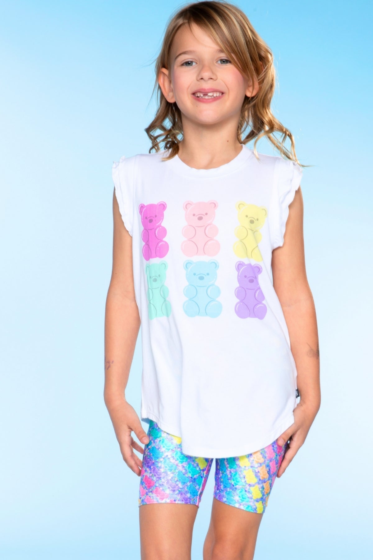 Modal Flutter Sleeve Shirttail Top - White Ombre Rainbow Gummy Bear