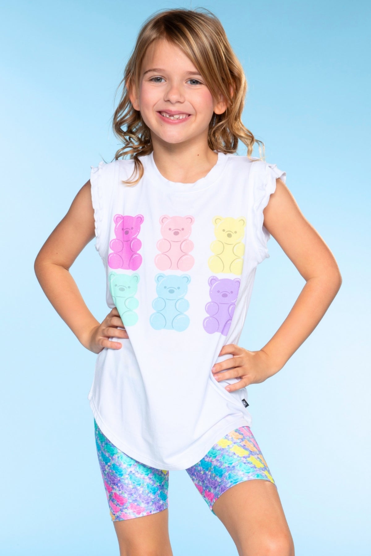 Modal Flutter Sleeve Shirttail Top - White Ombre Rainbow Gummy Bear