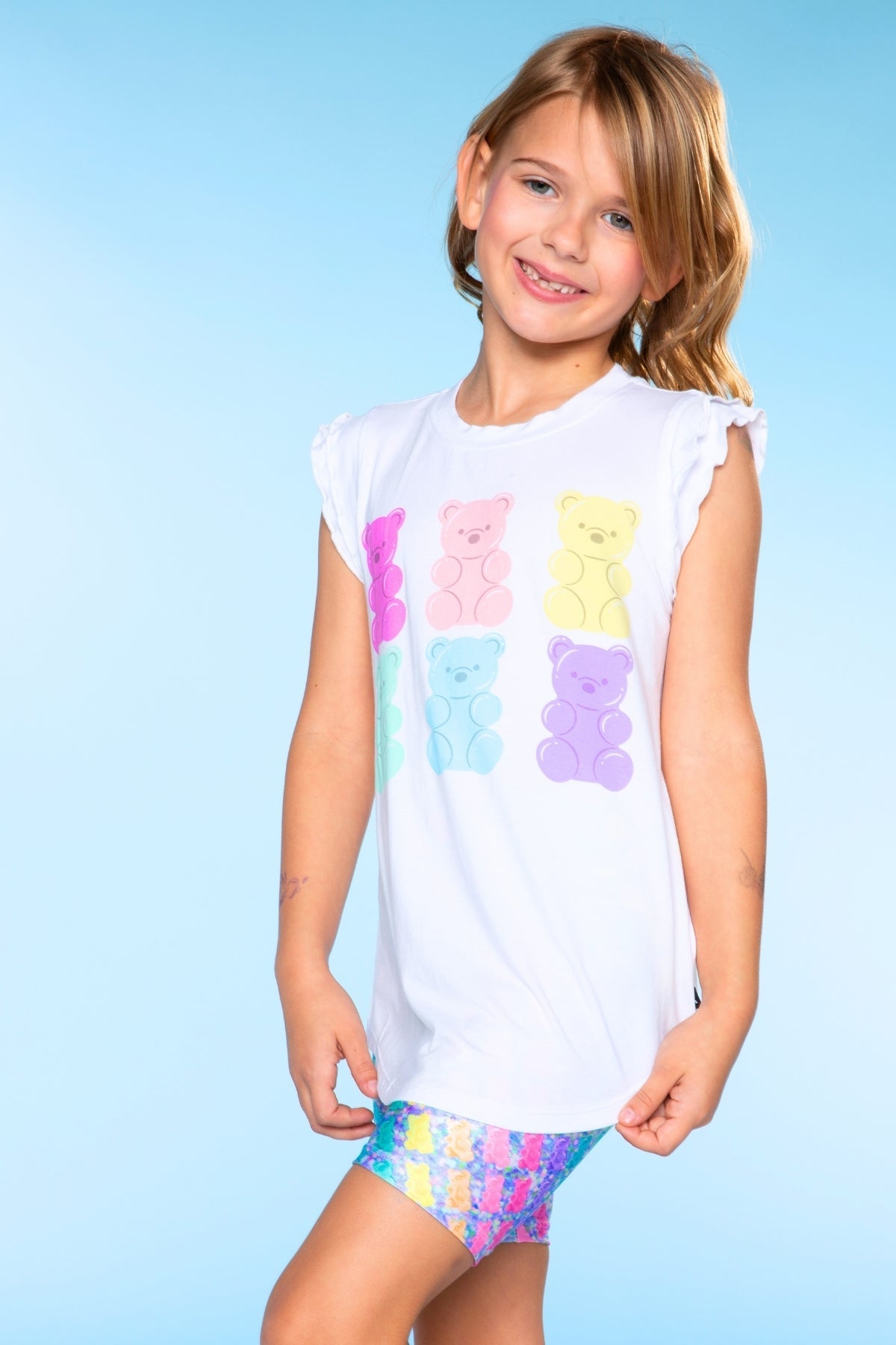 Modal Flutter Sleeve Shirttail Top - White Ombre Rainbow Gummy Bear