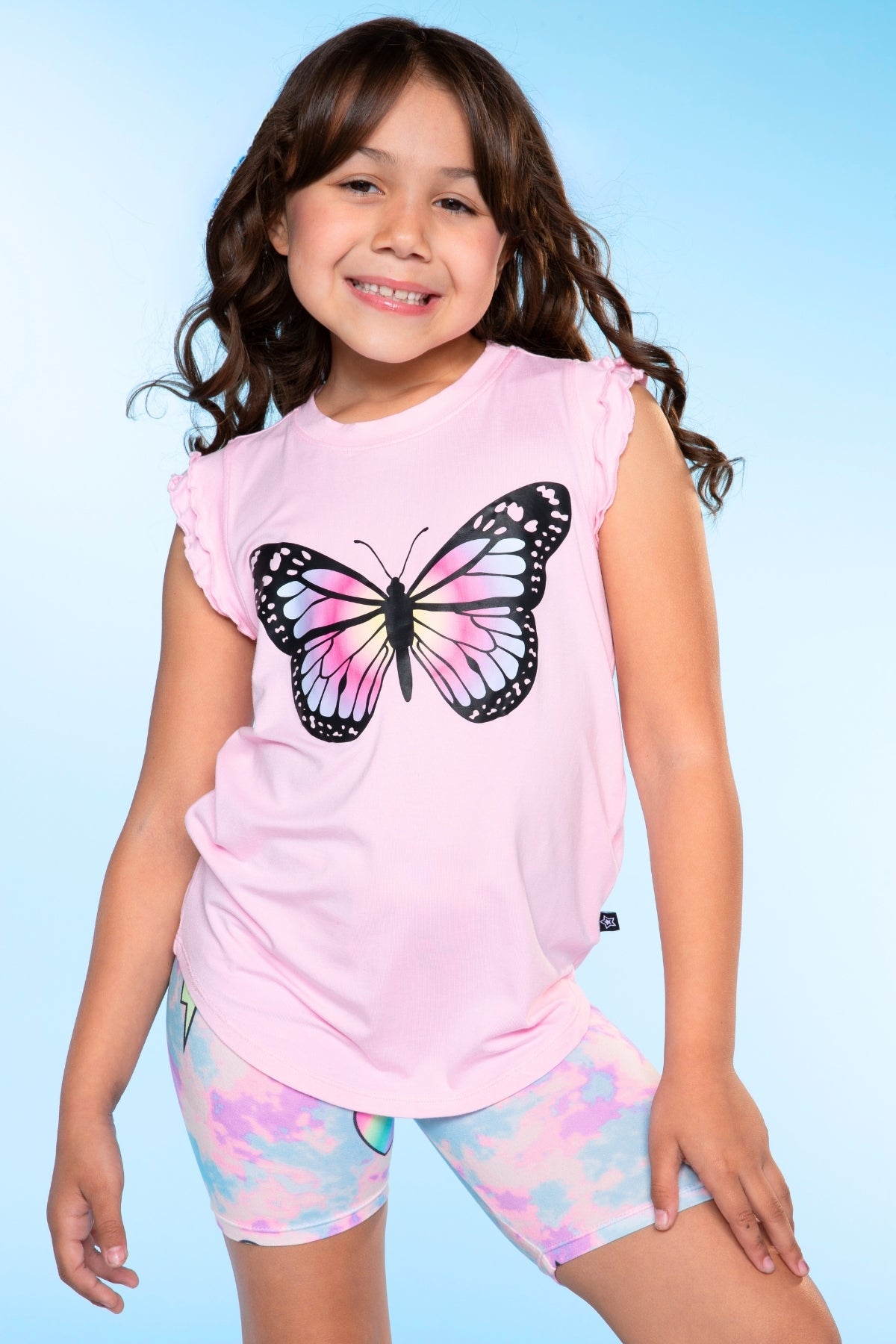 Modal Flutter Sleeve Shirttail Top - White Ombre Rainbow Gummy Bear