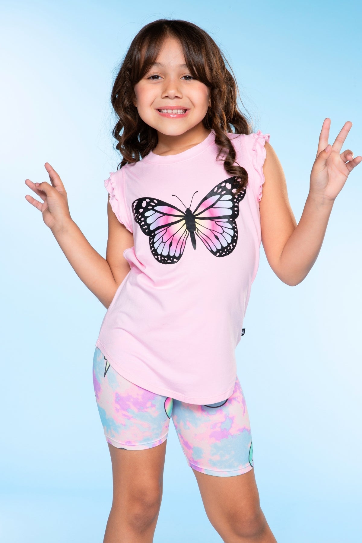 Modal Flutter Sleeve Shirttail Top - White Ombre Rainbow Gummy Bear