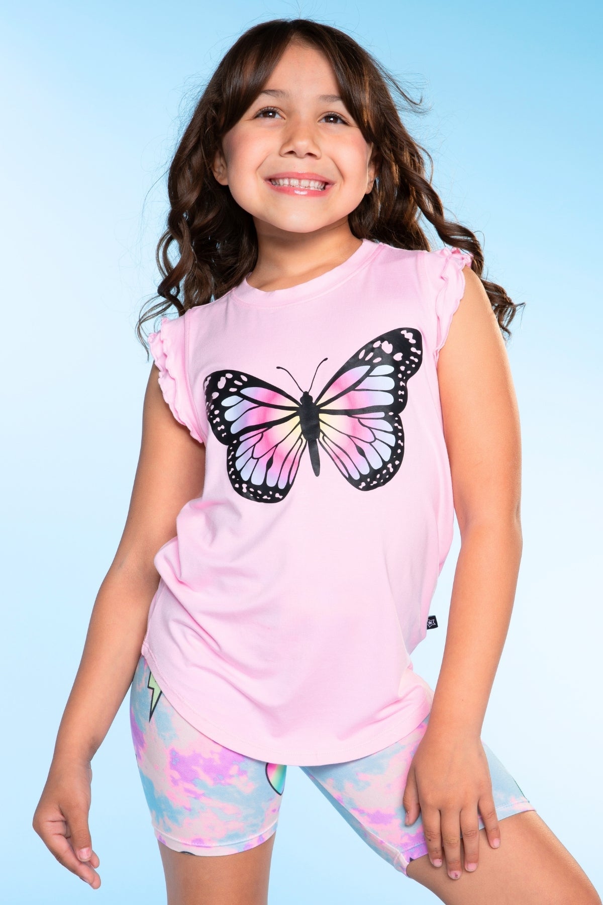 Modal Flutter Sleeve Shirttail Top - White Ombre Rainbow Gummy Bear