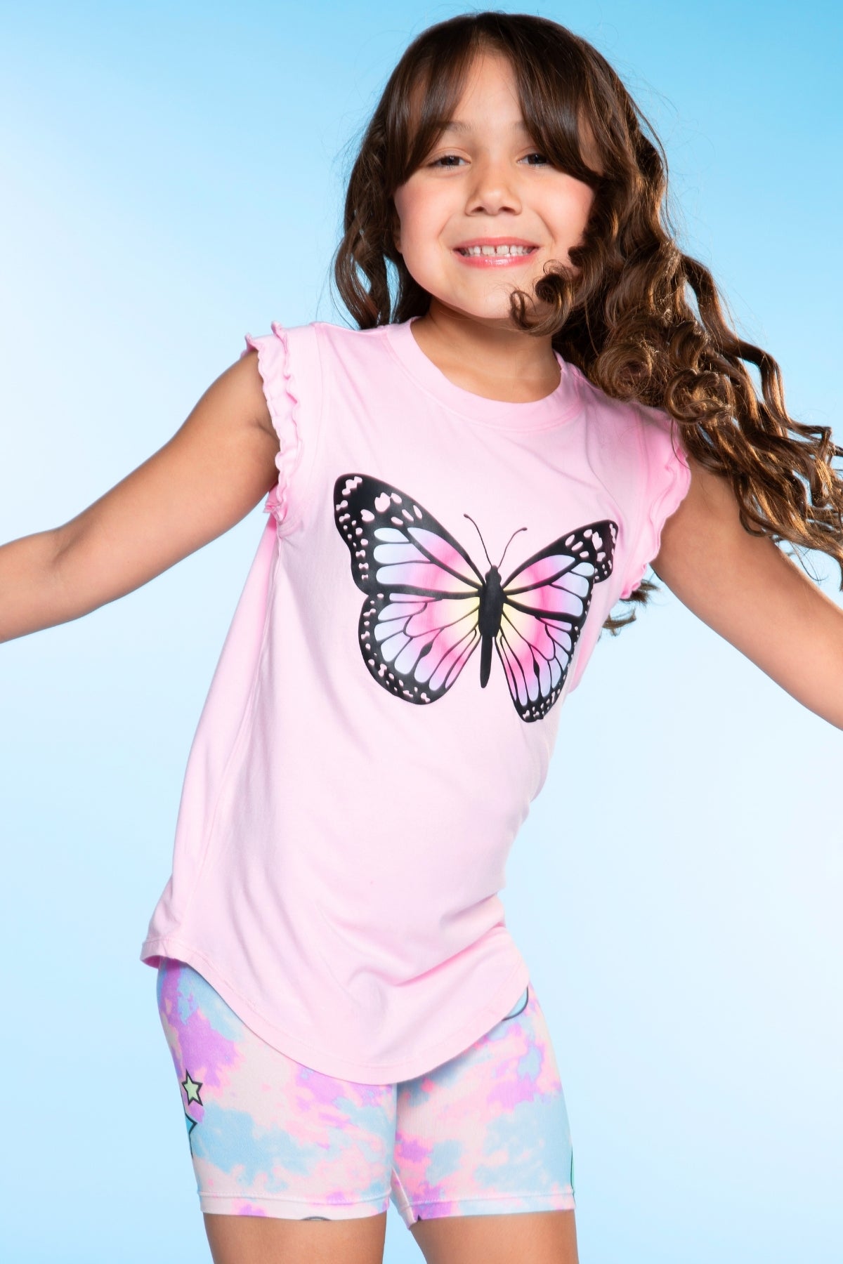 Modal Flutter Sleeve Shirttail Top - White Ombre Rainbow Gummy Bear