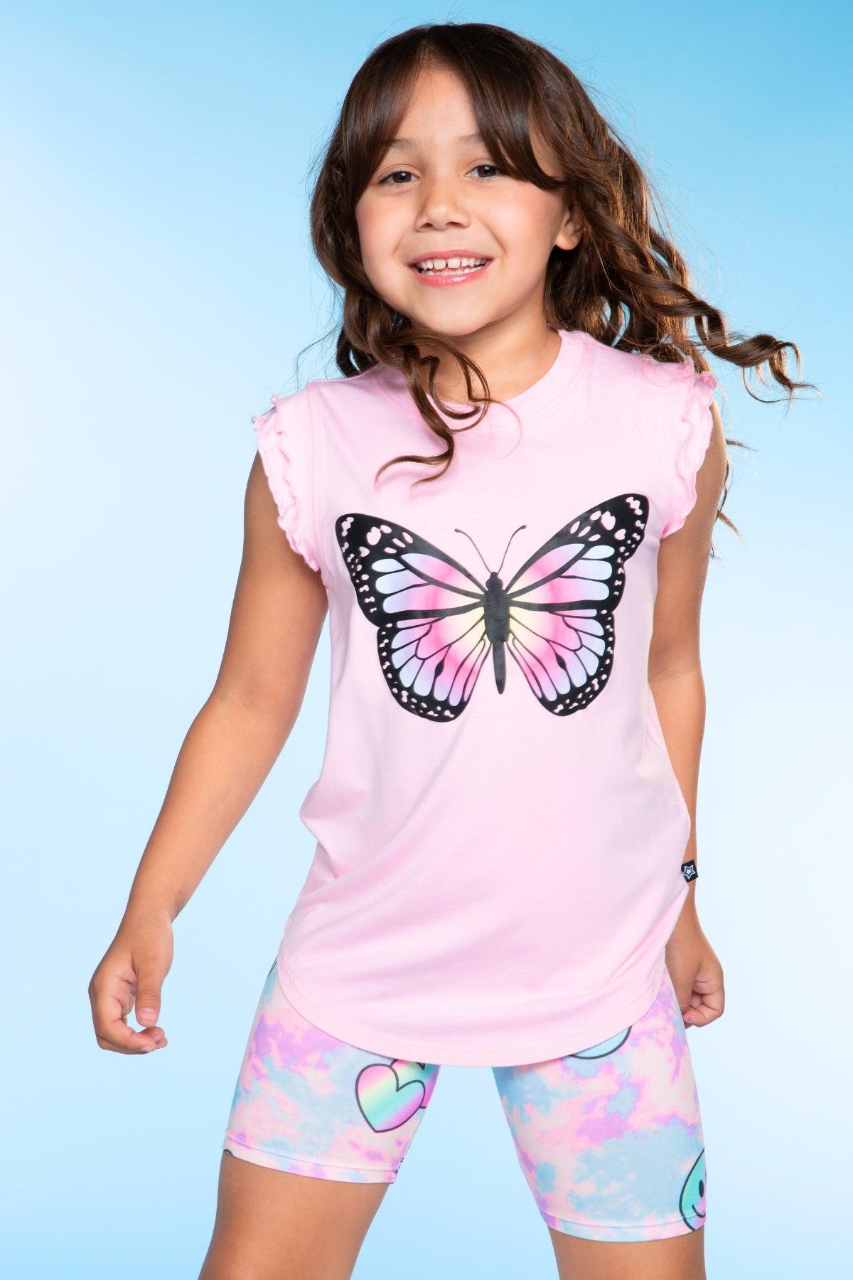 Modal Flutter Sleeve Shirttail Top - White Ombre Rainbow Gummy Bear