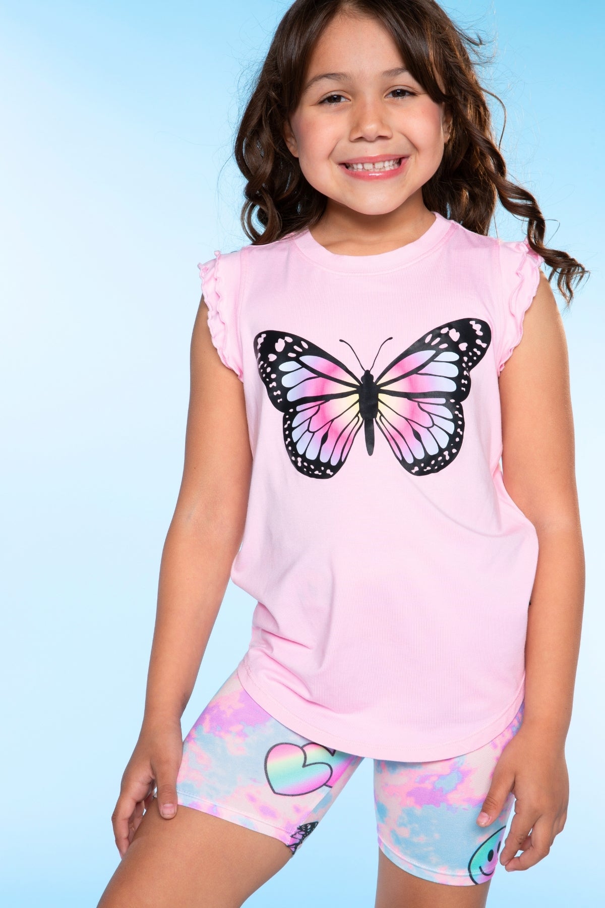 Modal Flutter Sleeve Shirttail Top - White Ombre Rainbow Gummy Bear