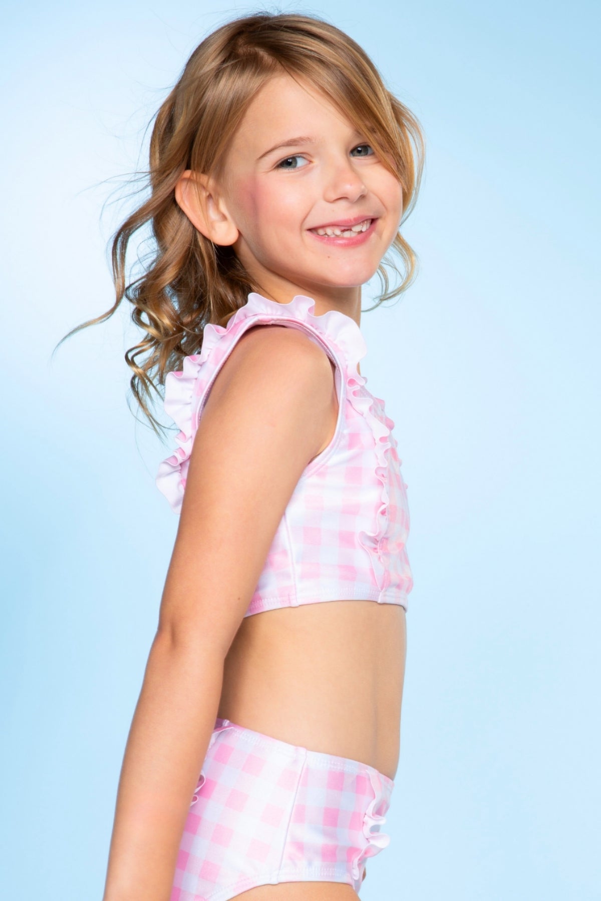 Ruffle Two Piece Swimsuit - Pink Blue Watercolor Rose