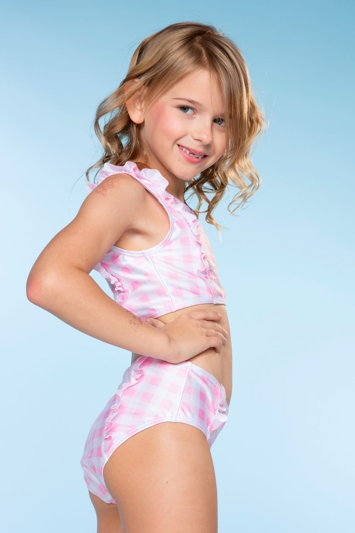 Ruffle Two Piece Swimsuit - Pink Blue Watercolor Rose