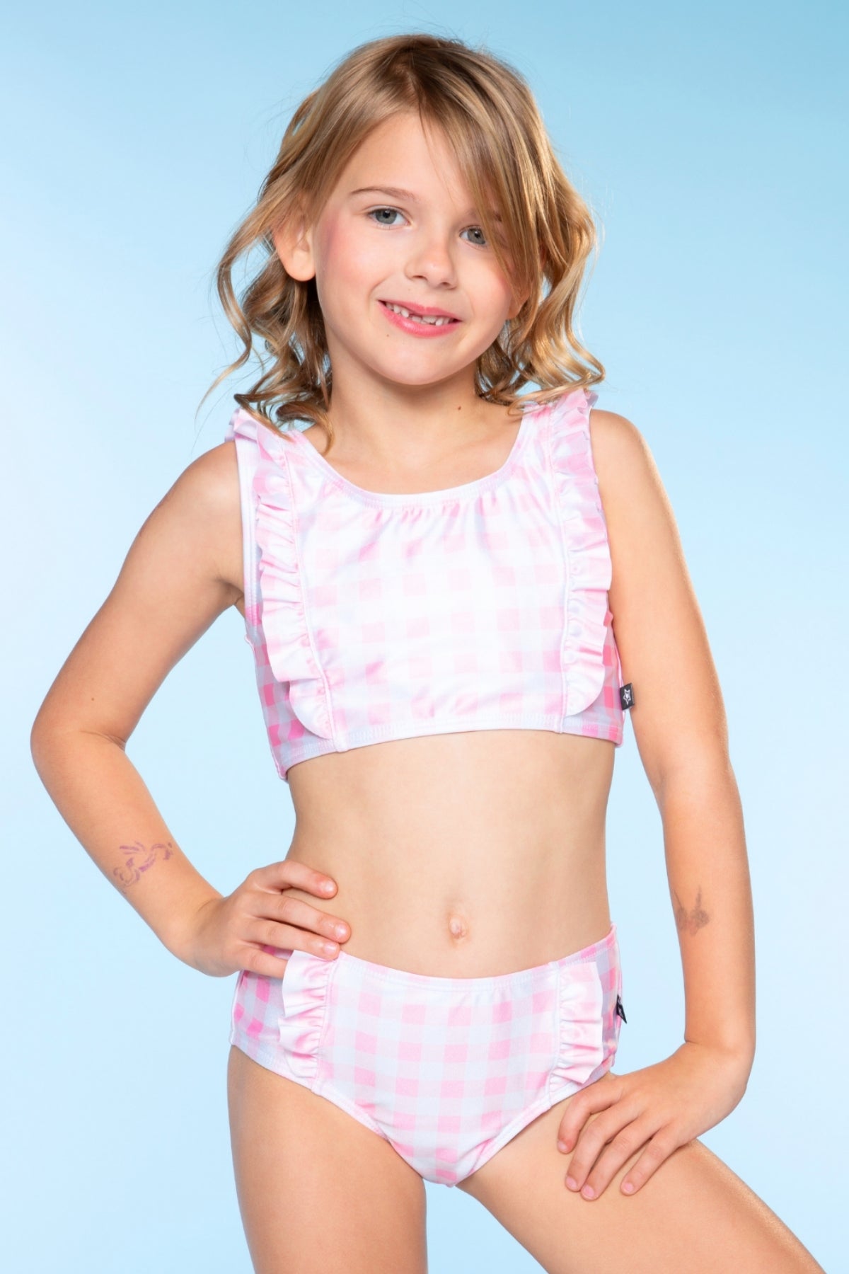 Ruffle Two Piece Swimsuit - Pink Blue Watercolor Rose