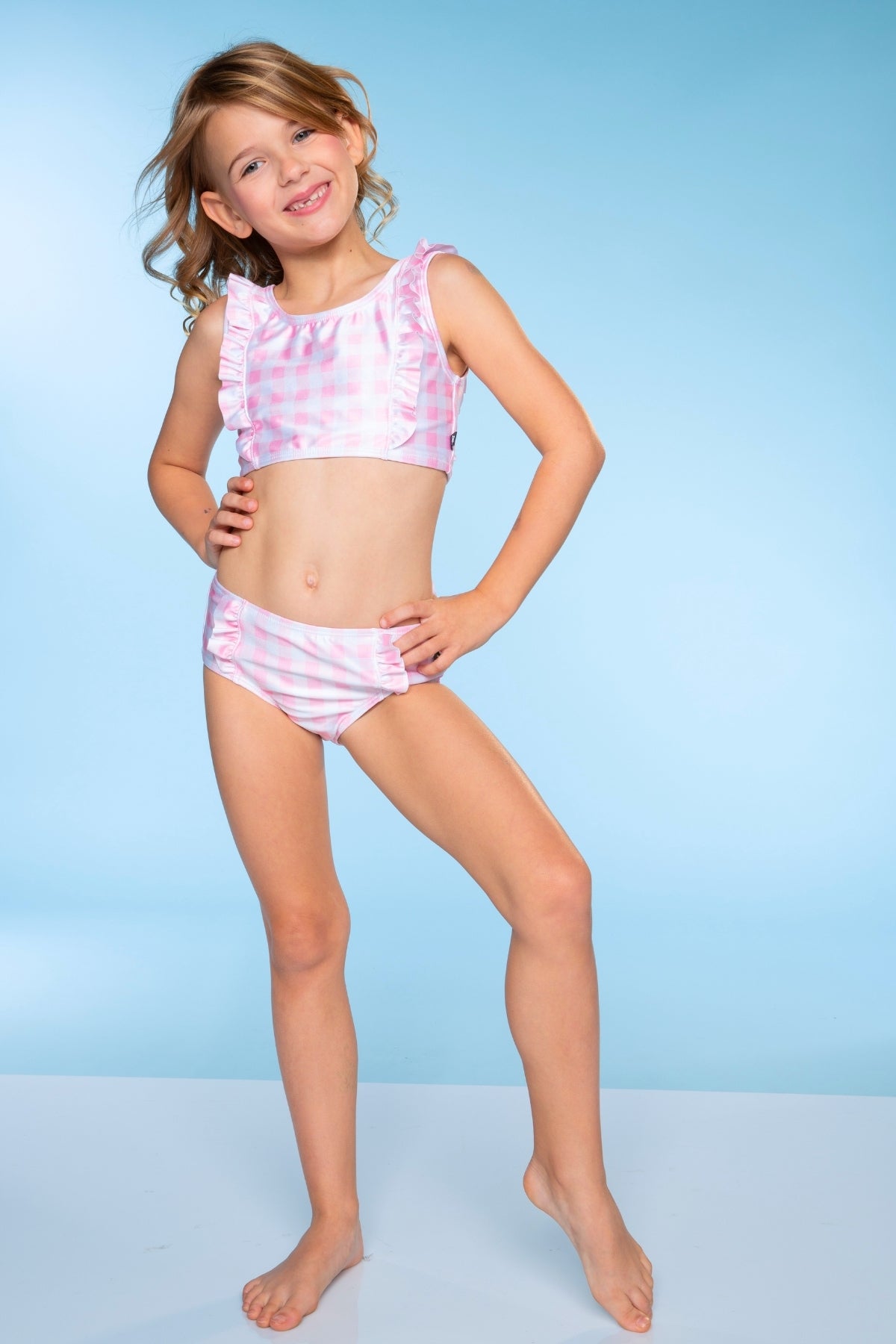 Ruffle Two Piece Swimsuit - Pink Blue Watercolor Rose