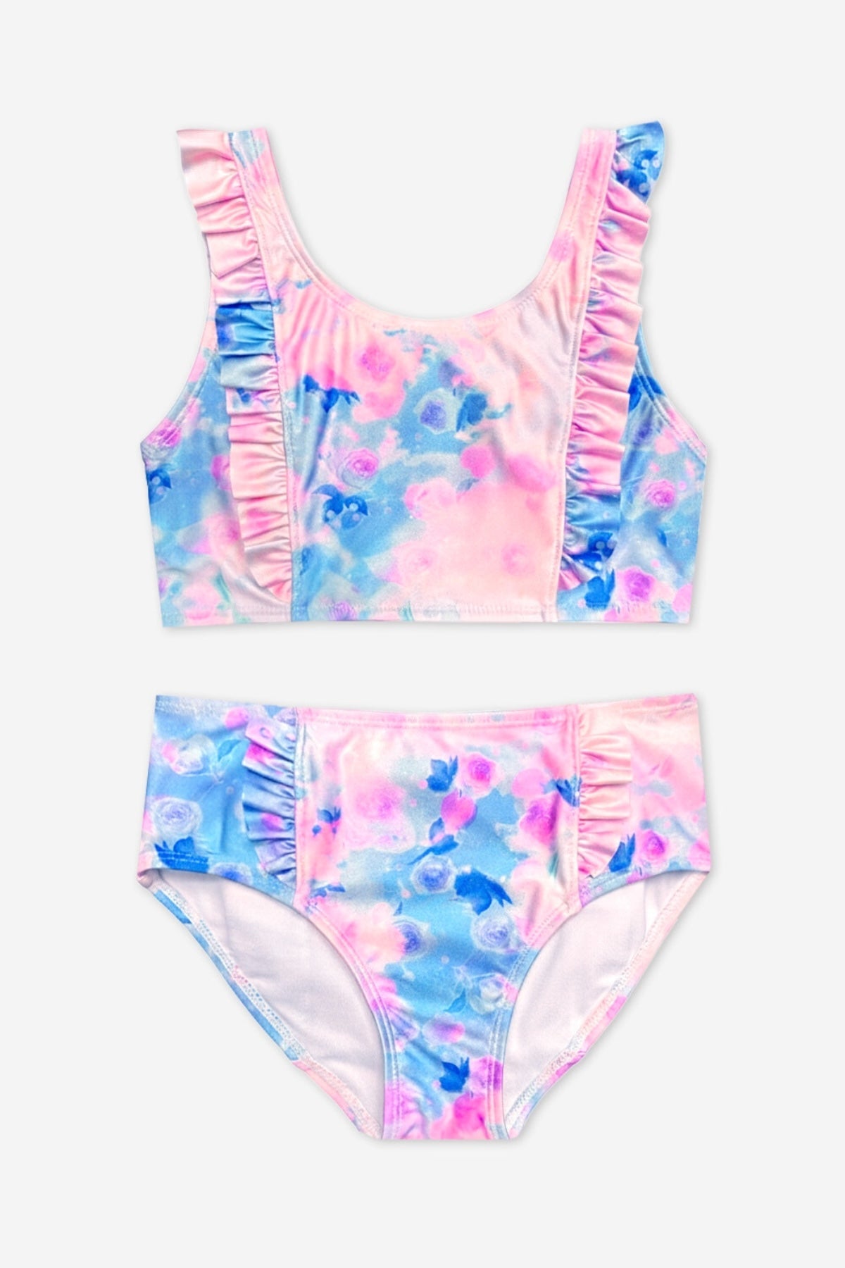 Ruffle Two Piece Swimsuit - Pink Blue Watercolor Rose