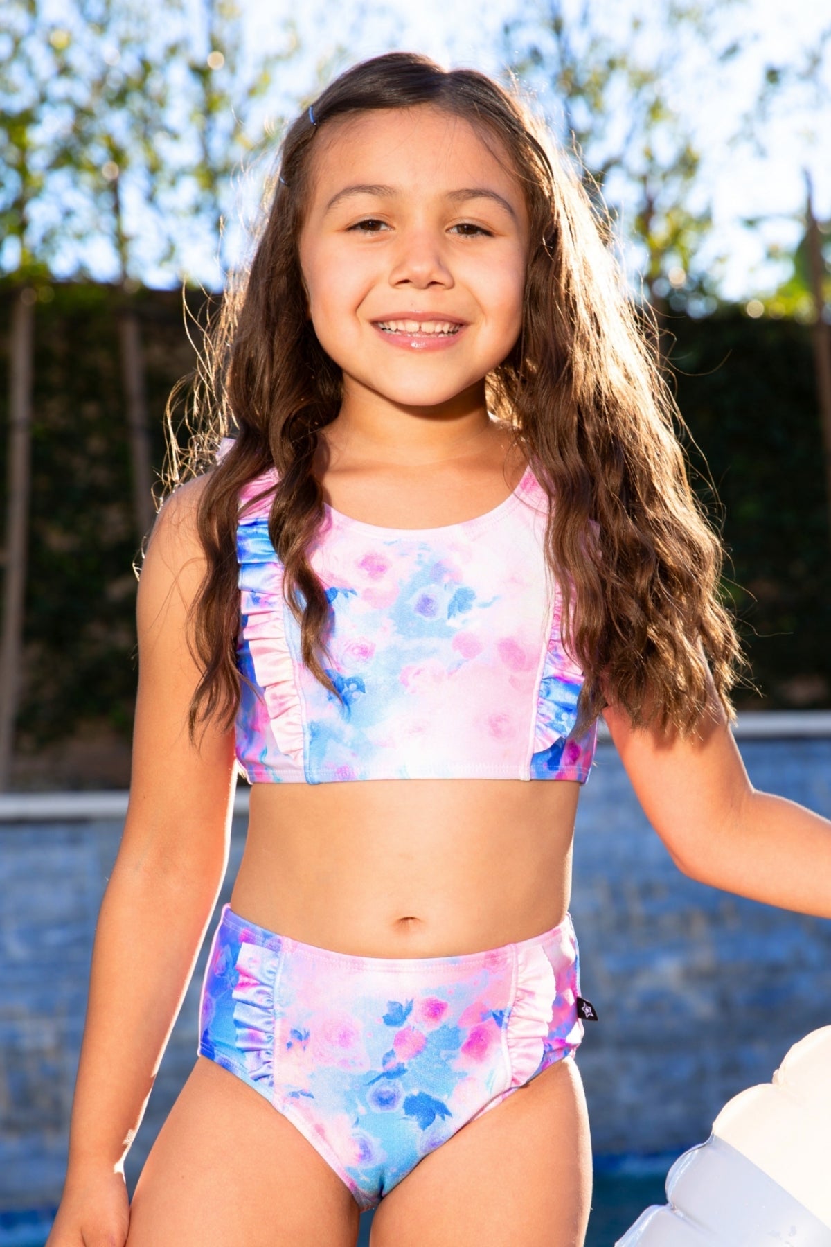 Ruffle Two Piece Swimsuit - Pink Blue Watercolor Rose