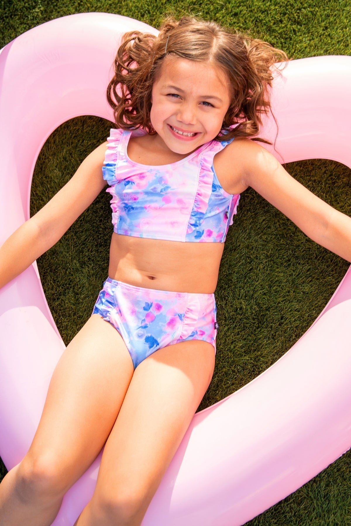 Ruffle Two Piece Swimsuit - Pink Blue Watercolor Rose