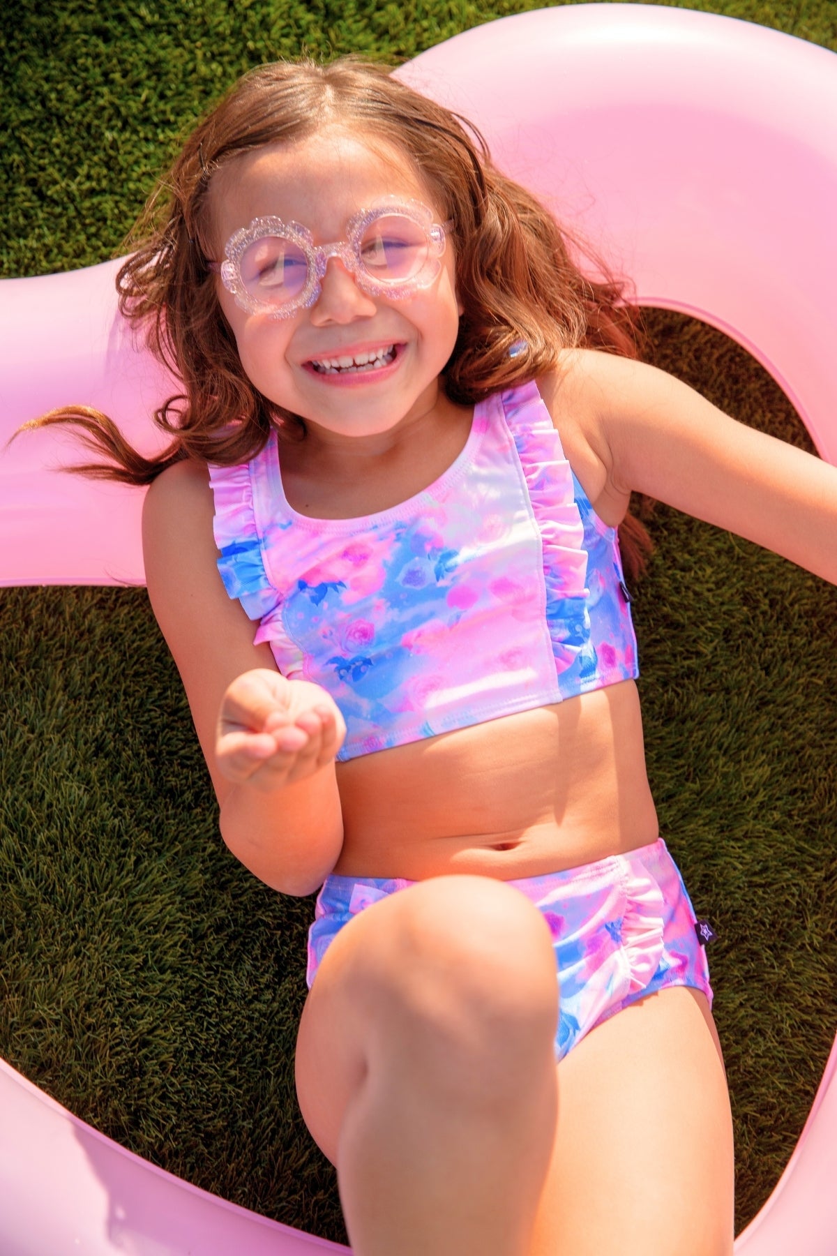 Ruffle Two Piece Swimsuit - Pink Blue Watercolor Rose