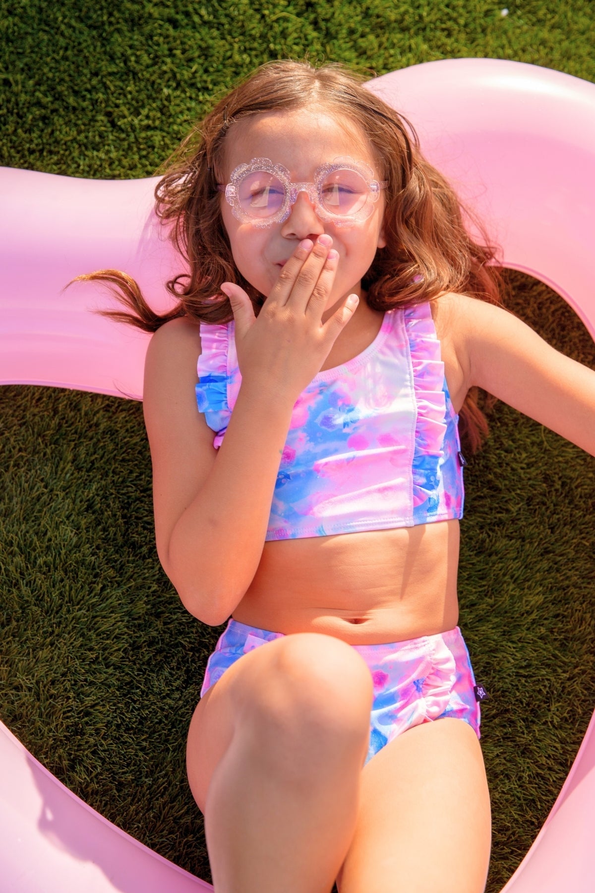 Ruffle Two Piece Swimsuit - Pink Blue Watercolor Rose