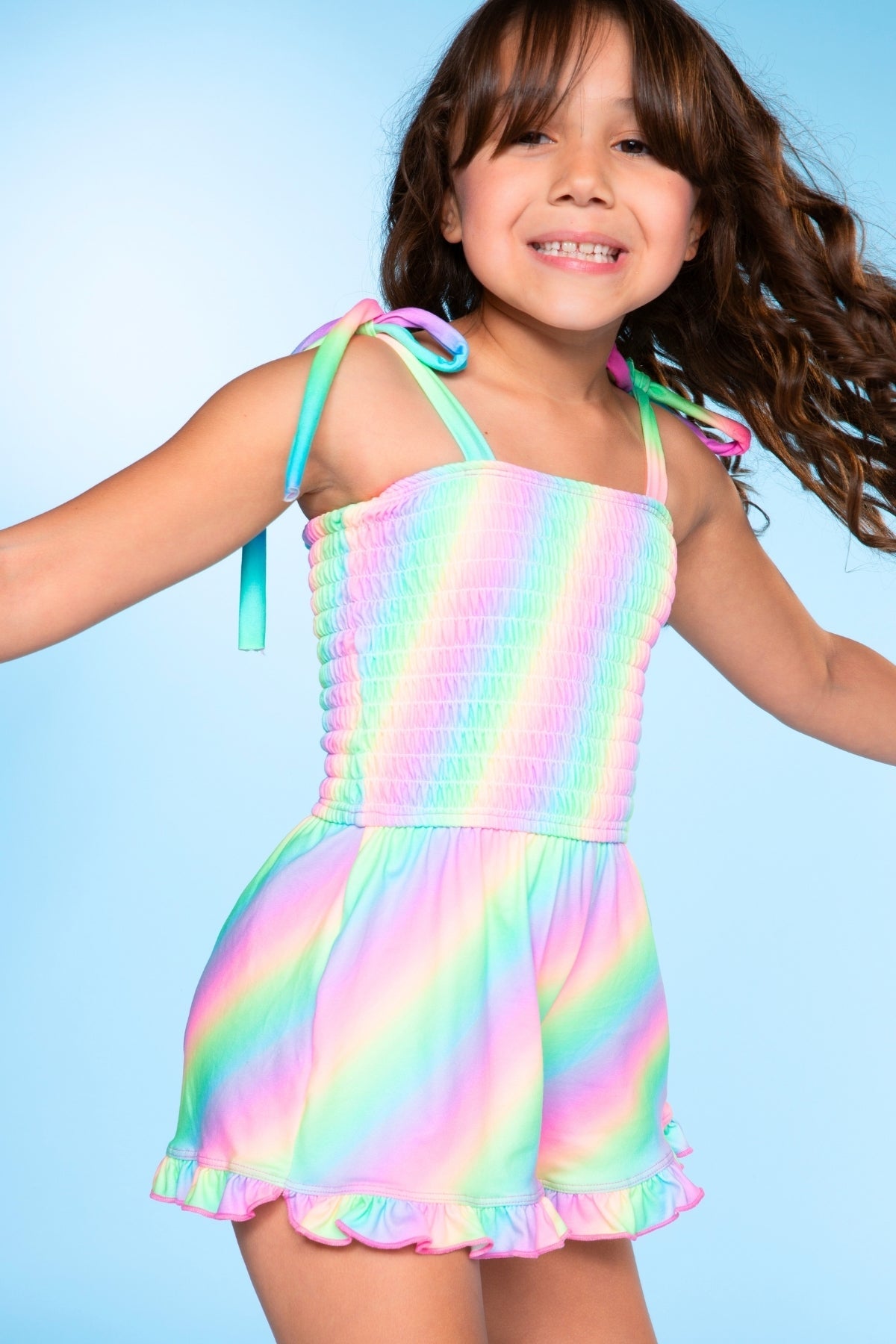 Smocked Ruffle Hem Romper - Pastel Rainbow
