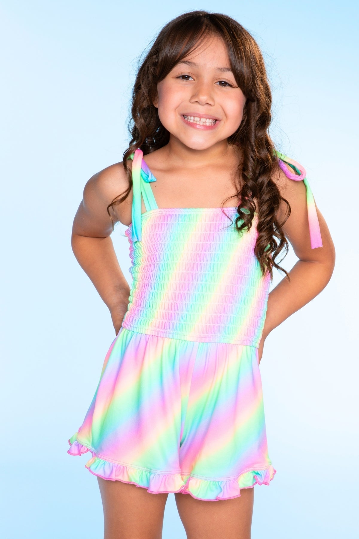 Smocked Ruffle Hem Romper - Pastel Rainbow