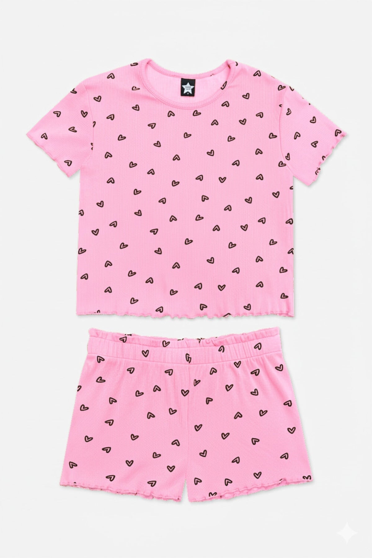 Ultra Soft Ribbed Lettuce Hem Easy Tee & Short Set - Neon Pink Heart