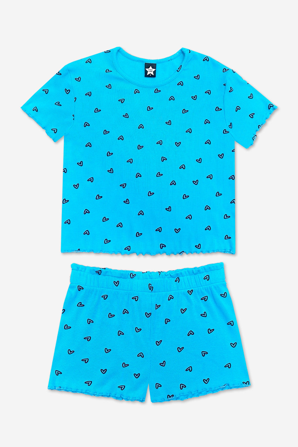 Ultra Soft Ribbed Lettuce Hem Easy Tee & Short Set - Neon Pink Heart