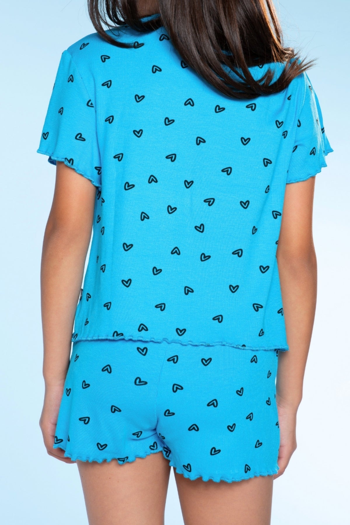 Ultra Soft Ribbed Lettuce Hem Easy Tee & Short Set - Neon Pink Heart