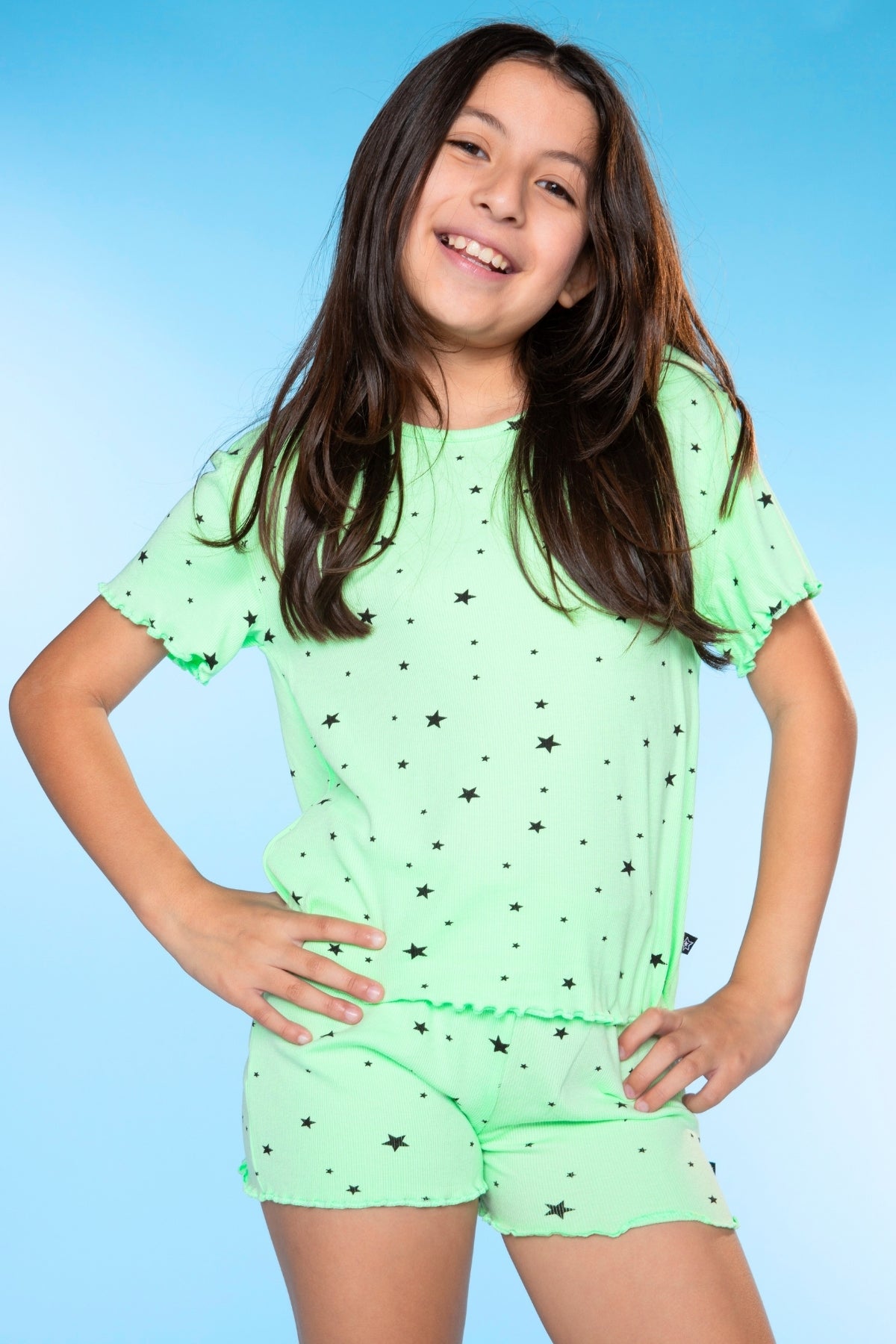 Ultra Soft Ribbed Lettuce Hem Easy Tee & Short Set - Neon Pink Heart