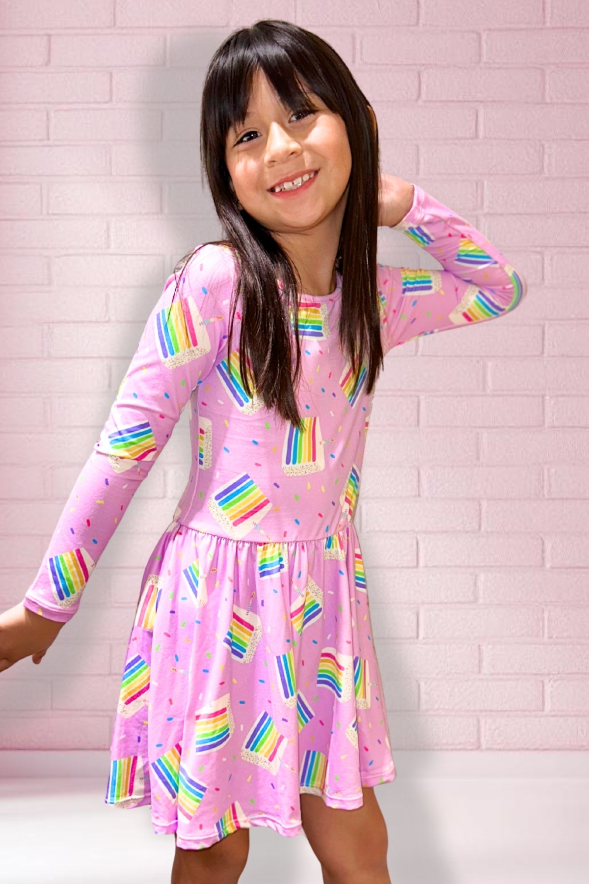 Simply Soft Long Sleeve Be Happy Dress - Pink Daisy Rainbow