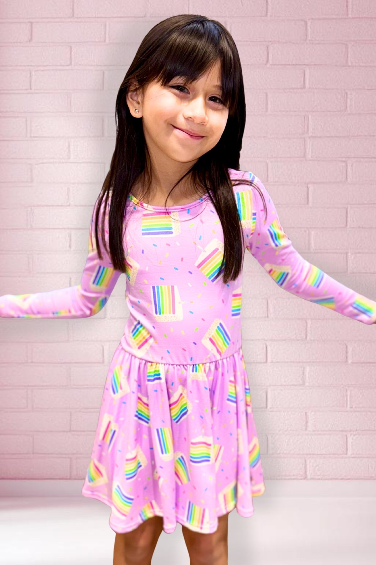 Simply Soft Long Sleeve Be Happy Dress - Pink Daisy Rainbow