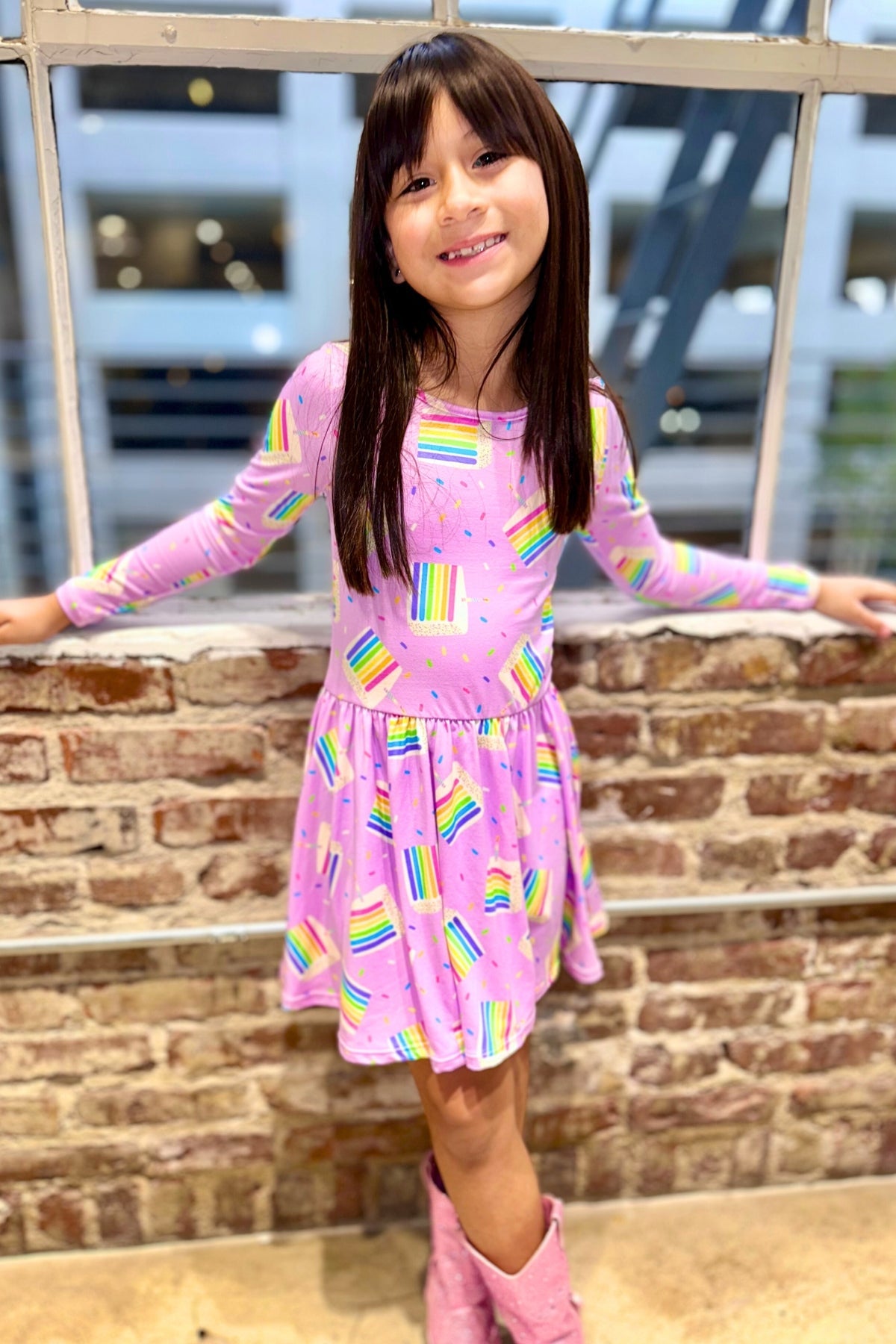 Simply Soft Long Sleeve Be Happy Dress - Pink Daisy Rainbow