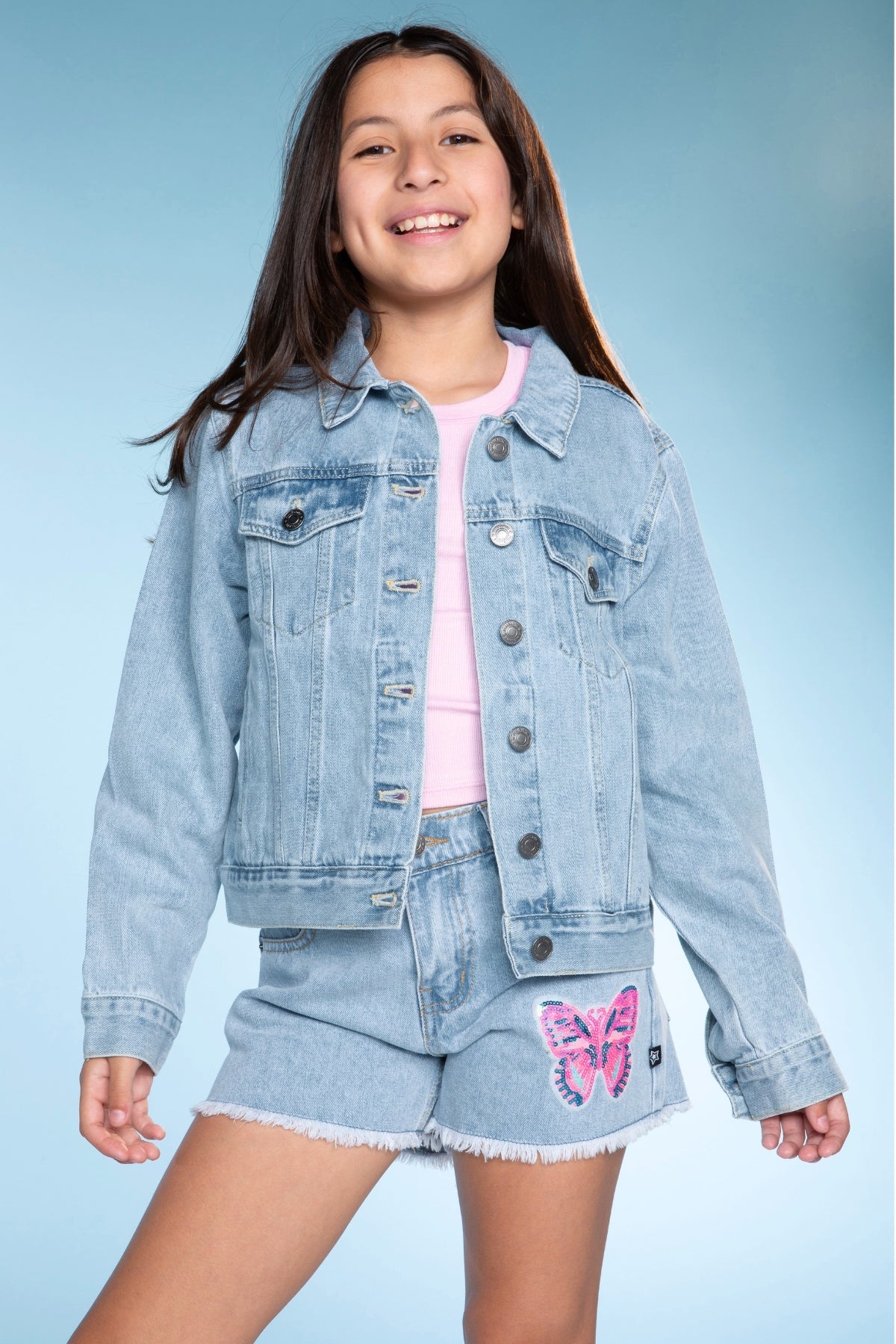 Denim Girlfriend Short - Lt Denim Sequin Butterfly