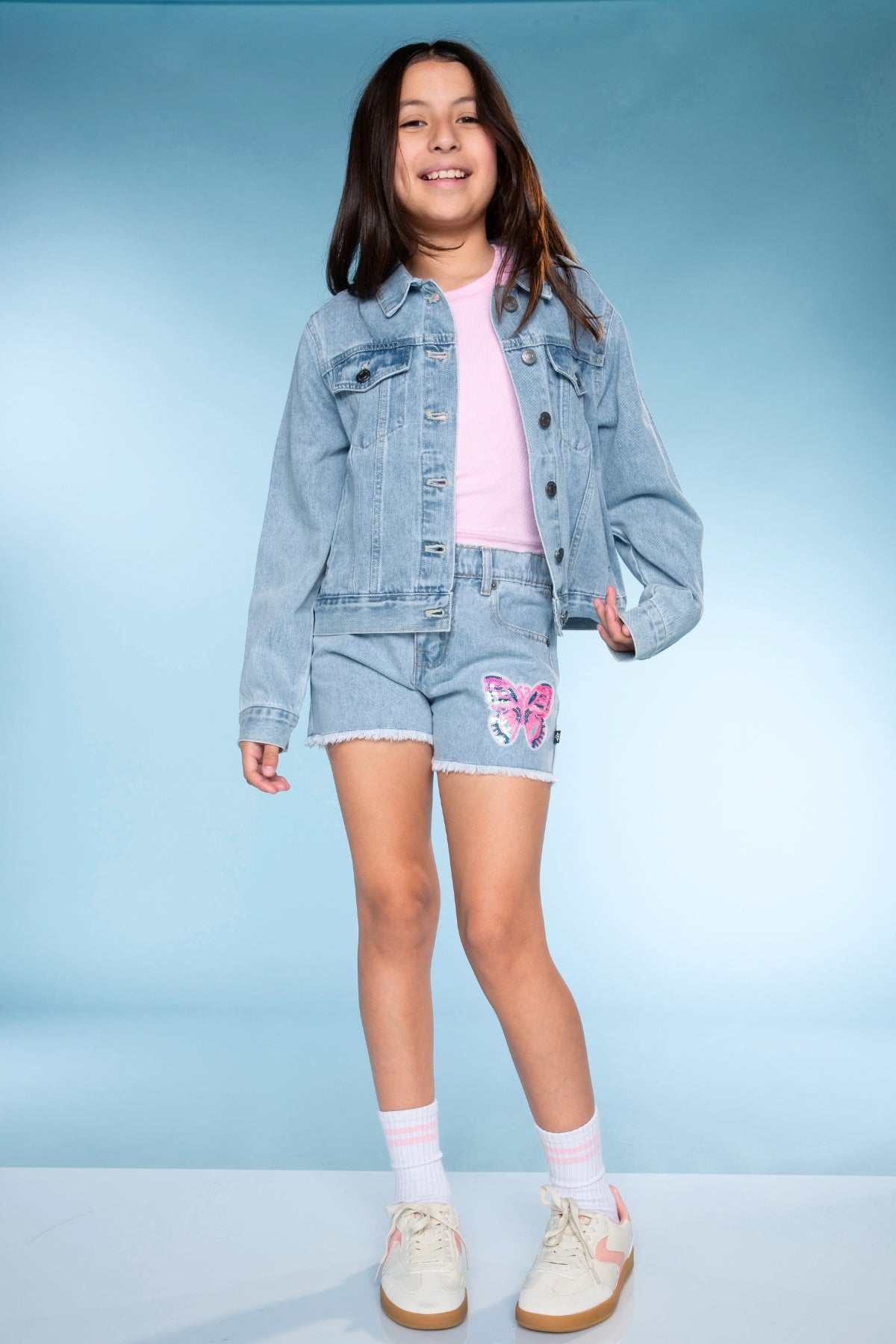Denim Girlfriend Short - Lt Denim Sequin Butterfly