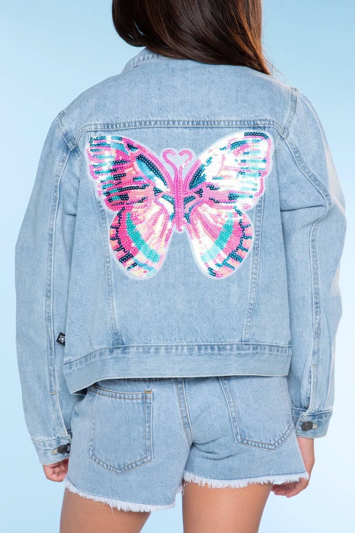 Denim Girlfriend Short - Lt Denim Sequin Butterfly